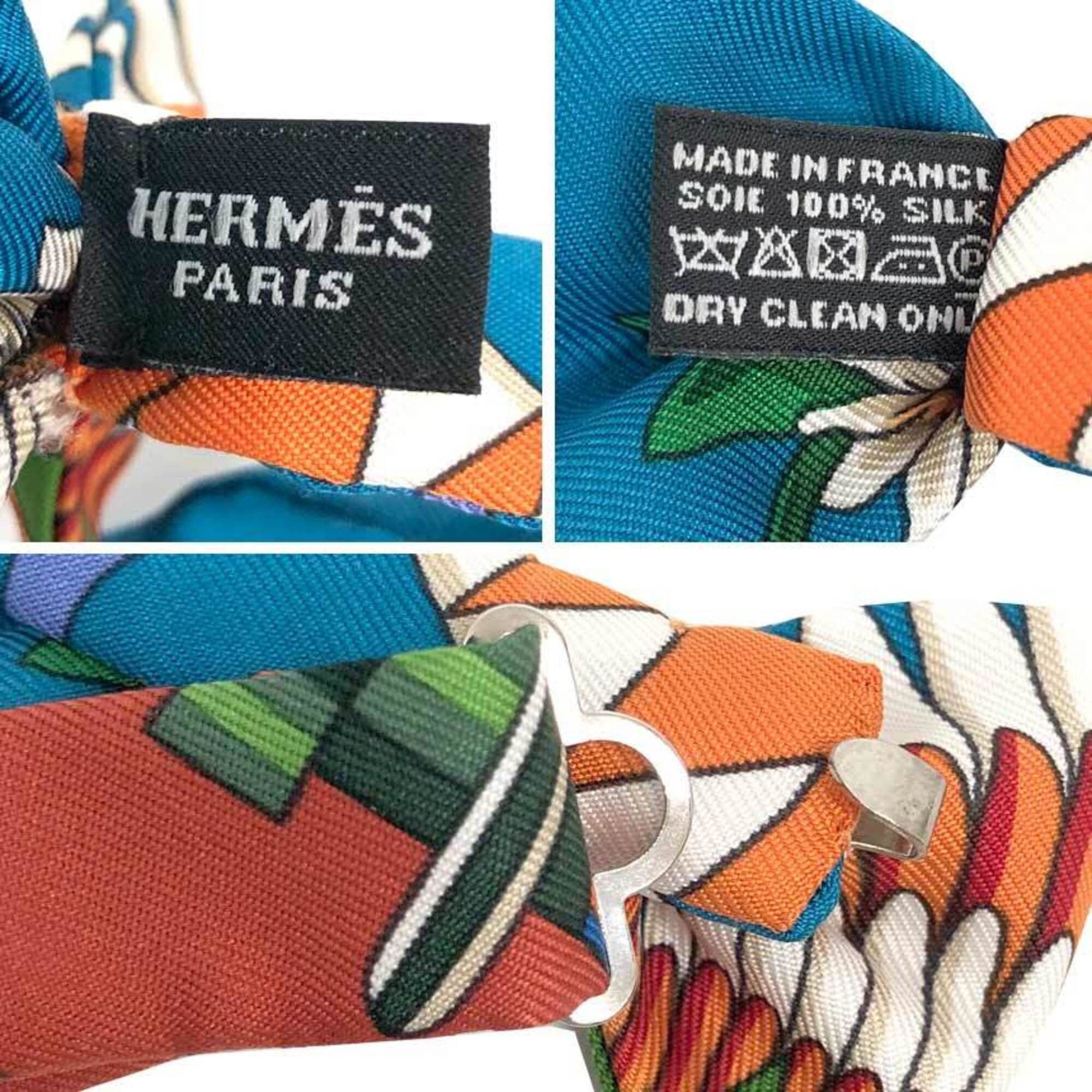 Hermes HERMES NOEUD PAPILLON Flots, Fleurs et Frontaux (Award Ribbon and Front Leather) Bow Tie Choker Bracelet Orange x Canard Vert Silk Men's Women's Size ONE SIZE - 3 Thumbnail