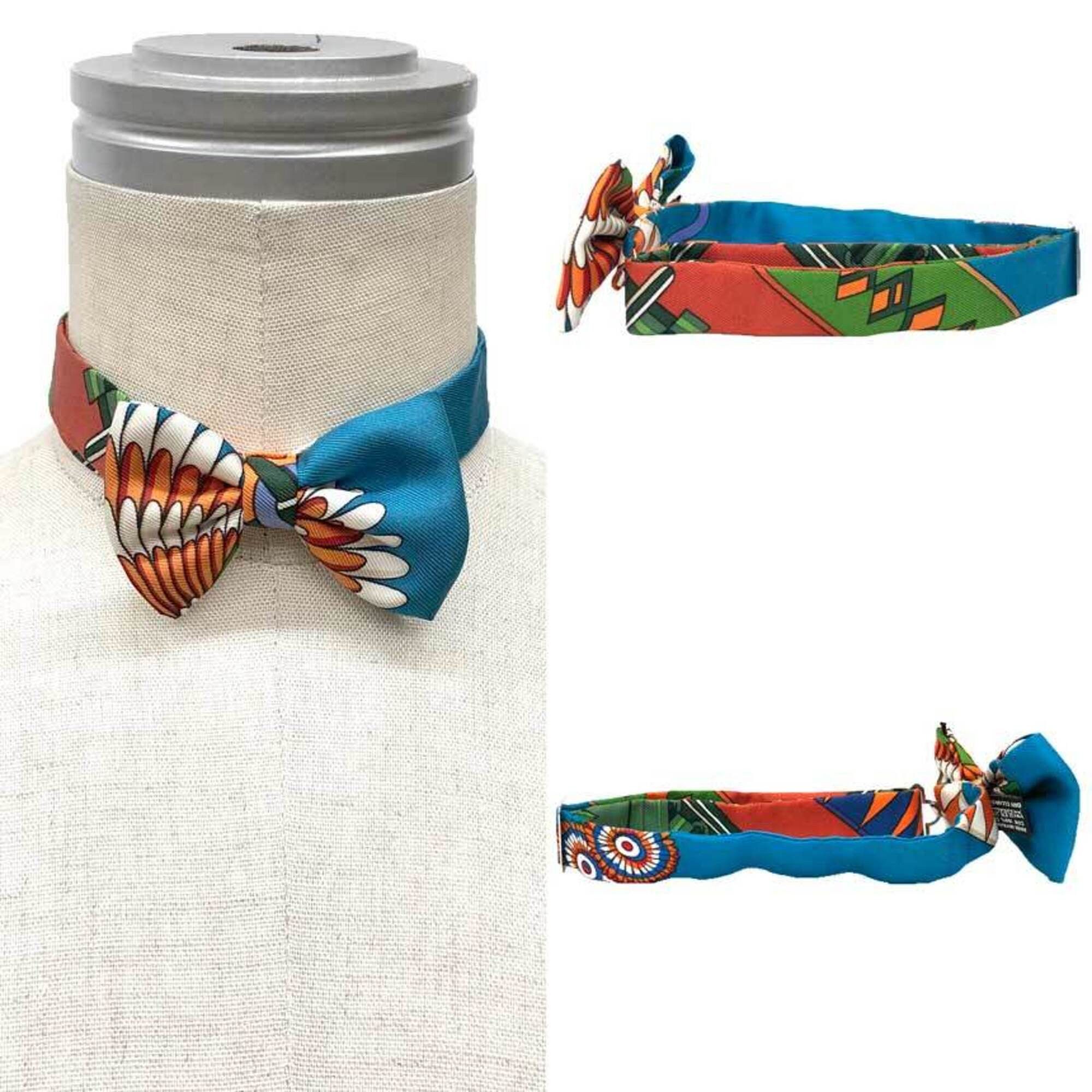 Hermes HERMES NOEUD PAPILLON Flots, Fleurs et Frontaux (Award Ribbon and Front Leather) Bow Tie Choker Bracelet Orange x Canard Vert Silk Men's Women's Size ONE SIZE - 2 Thumbnail