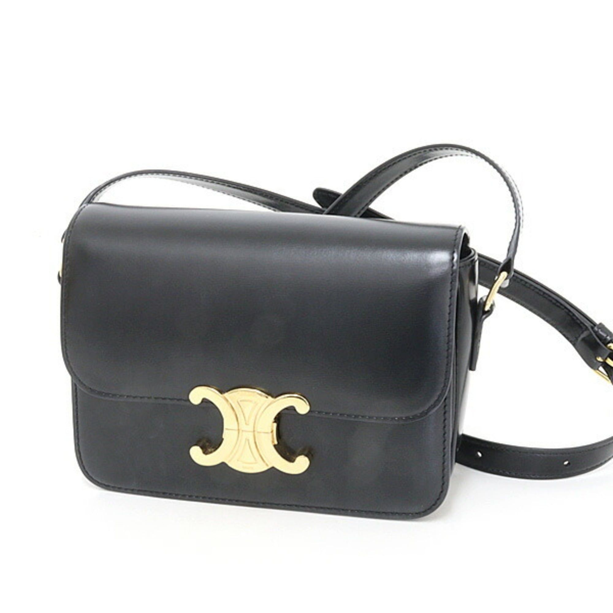 Celine Celine Teen Triomphe Bag, Shiny Calfskin, Black Shoulder Crossbody Bag Size ONE SIZE - 5 Thumbnail