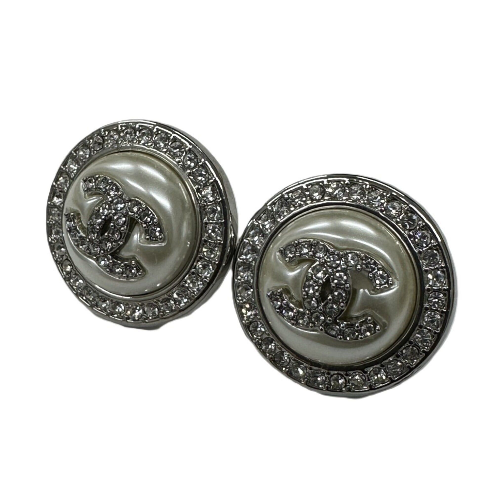 Chanel CHANEL earrings, costume pearl, silver, rhinestone, Coco Mark, round. Size ONE SIZE - 2 Thumbnail