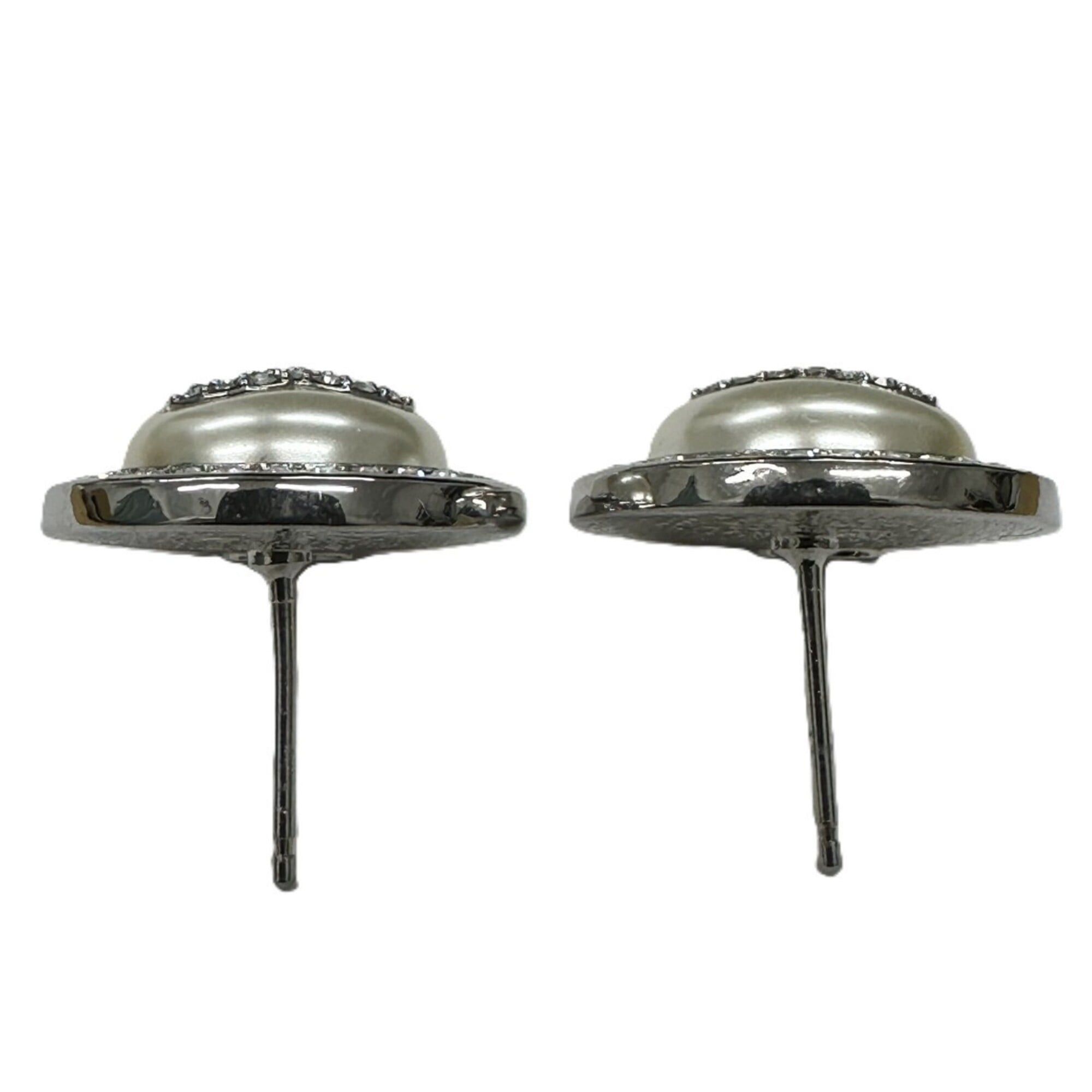Chanel CHANEL earrings, costume pearl, silver, rhinestone, Coco Mark, round. Size ONE SIZE - 7 Thumbnail
