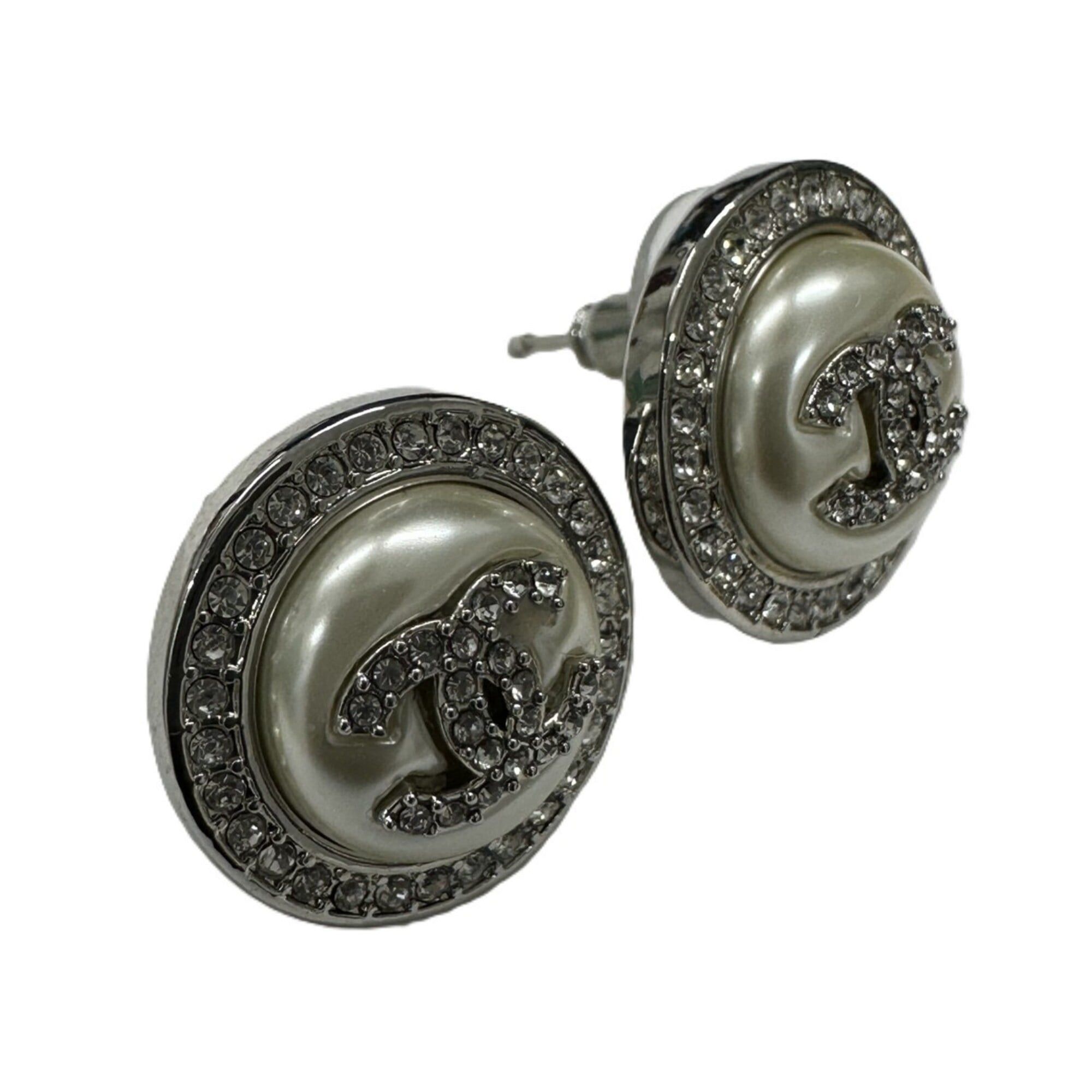 Chanel CHANEL earrings, costume pearl, silver, rhinestone, Coco Mark, round. Size ONE SIZE - 3 Thumbnail