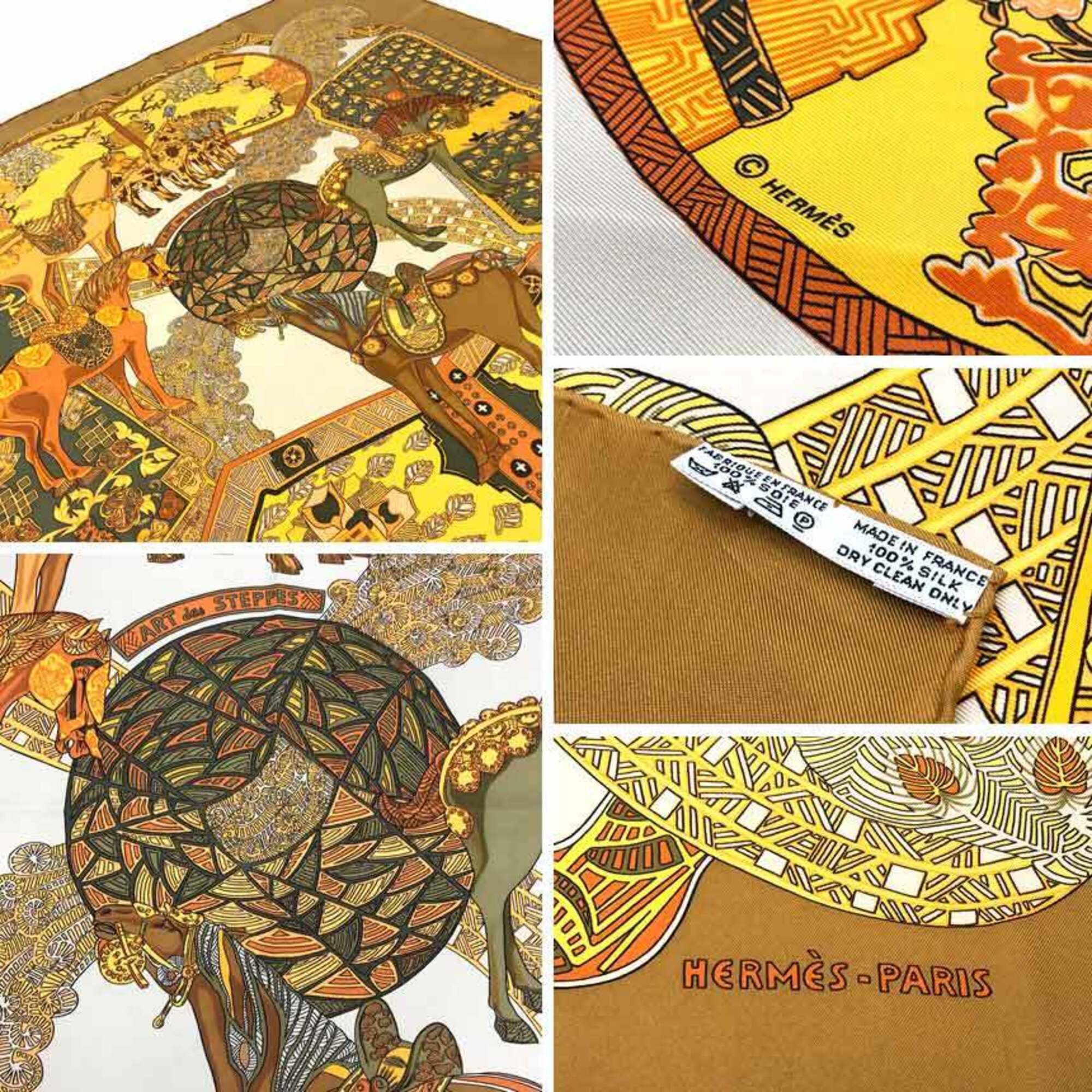 Hermes HERMES scarf/muffler, Carre 90, ART des STEPPES (Steps Art), yellow ochre, 100% silk. Size ONE SIZE - 2 Thumbnail