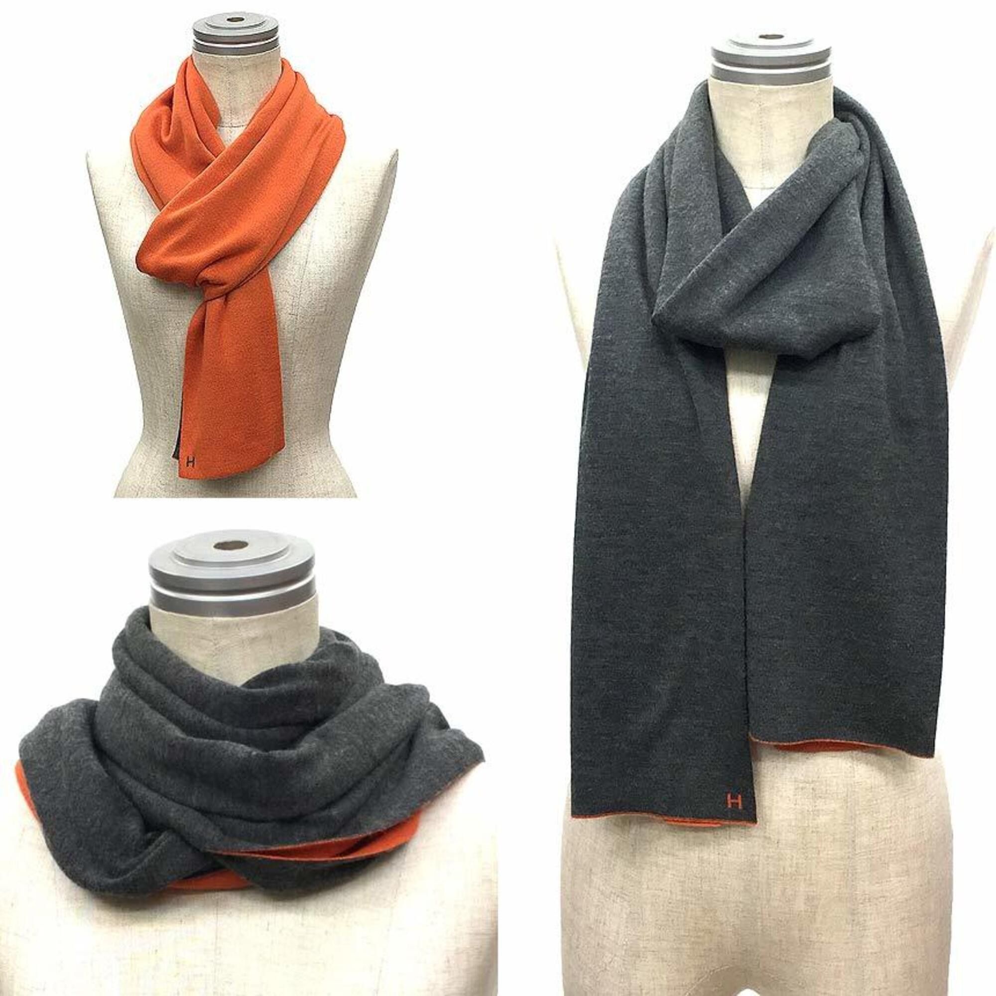 Hermes HERMES ECHARPE MAILLE 30x180 ALLER RETOUR Reversible Cashmere Silk Scarf/Shawl (Gray x Orange) - Men's & Women's Size ONE SIZE - 2 Thumbnail