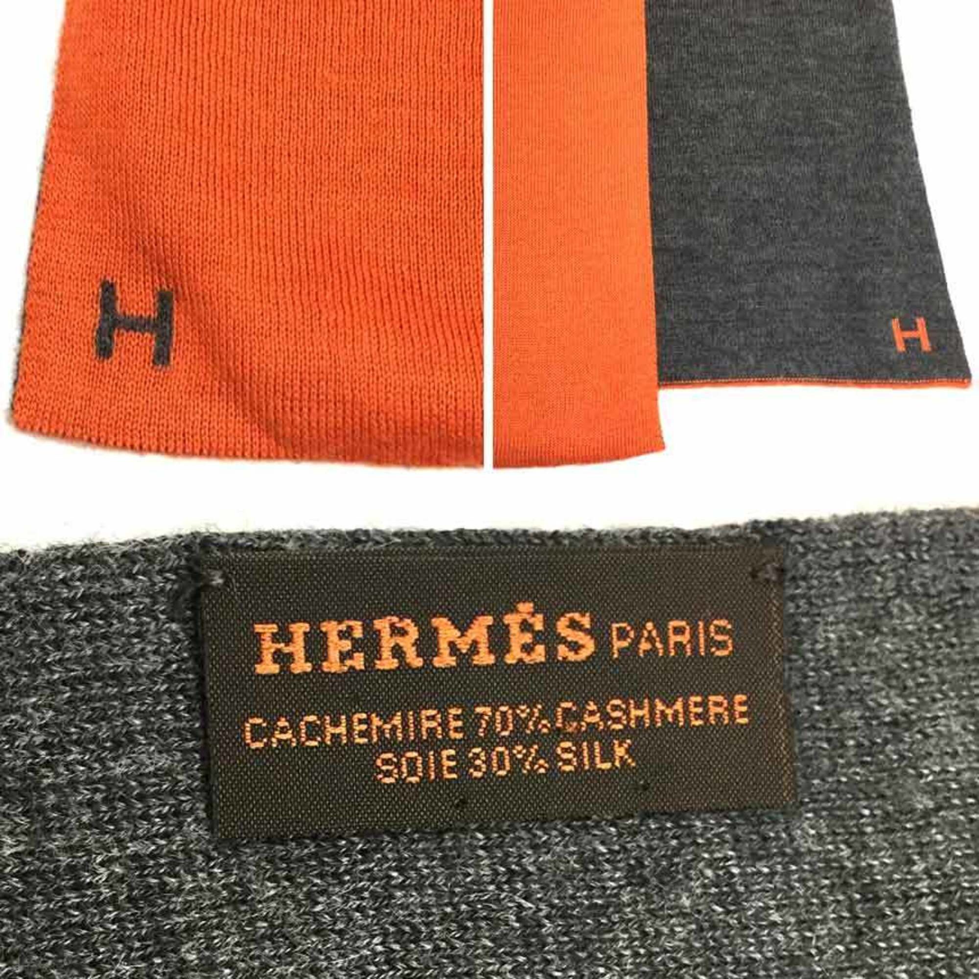 Hermes HERMES ECHARPE MAILLE 30x180 ALLER RETOUR Reversible Cashmere Silk Scarf/Shawl (Gray x Orange) - Men's & Women's Size ONE SIZE - 3 Thumbnail