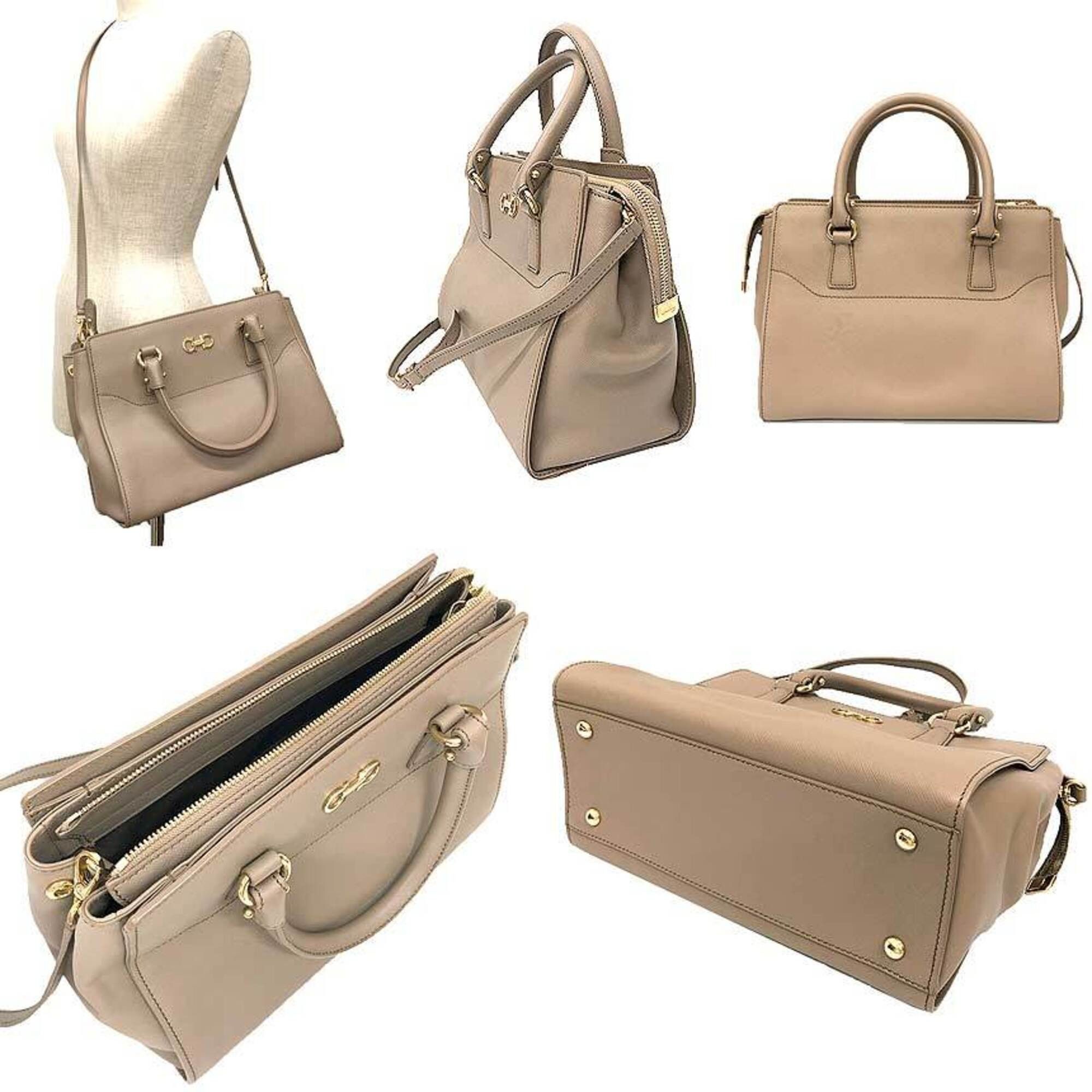 Salvatore Ferragamo Salvatore Ferragamo Double Gancini Handbag, 2-Way Shoulder Bag, Leather, Beige, Women's Size ONE SIZE - 2 Thumbnail