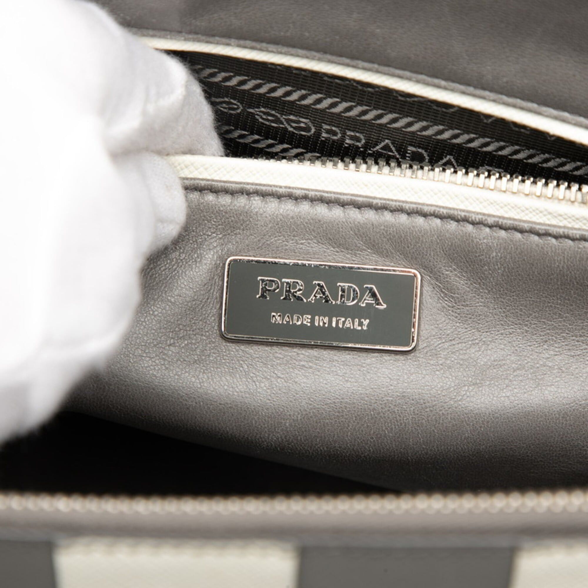 Prada Prada Galleria Medium Striped Handbag 1BA863 Gray White Saffiano Leather Women's PRADA Size ONE SIZE - 5 Thumbnail
