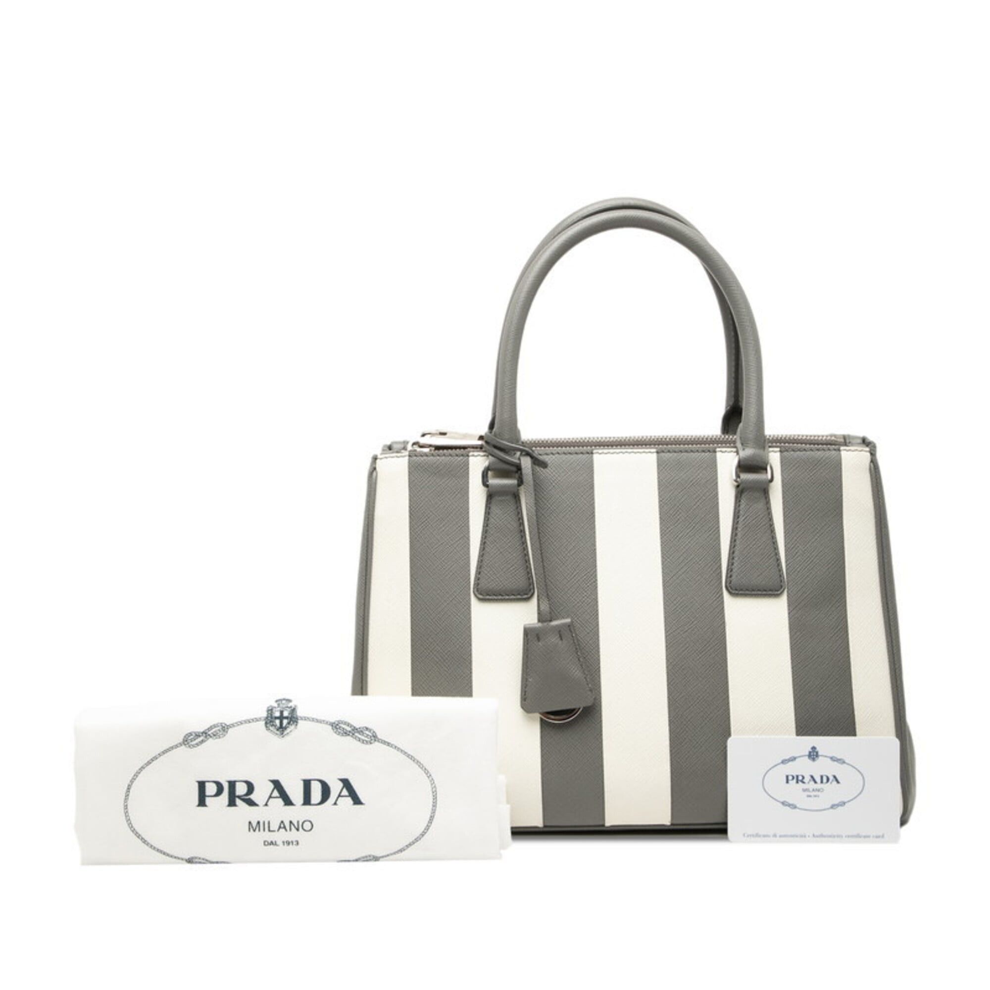 Prada Prada Galleria Medium Striped Handbag 1BA863 Gray White Saffiano Leather Women's PRADA Size ONE SIZE - 6 Thumbnail