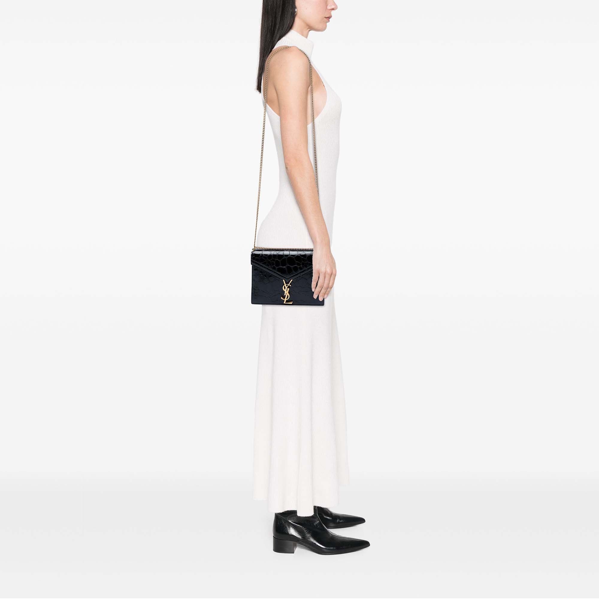 Saint Laurent Paris Shiny Croc Embossed Calfskin Monogram Cassandra Chain Wallet Size ONE SIZE - 7 Thumbnail