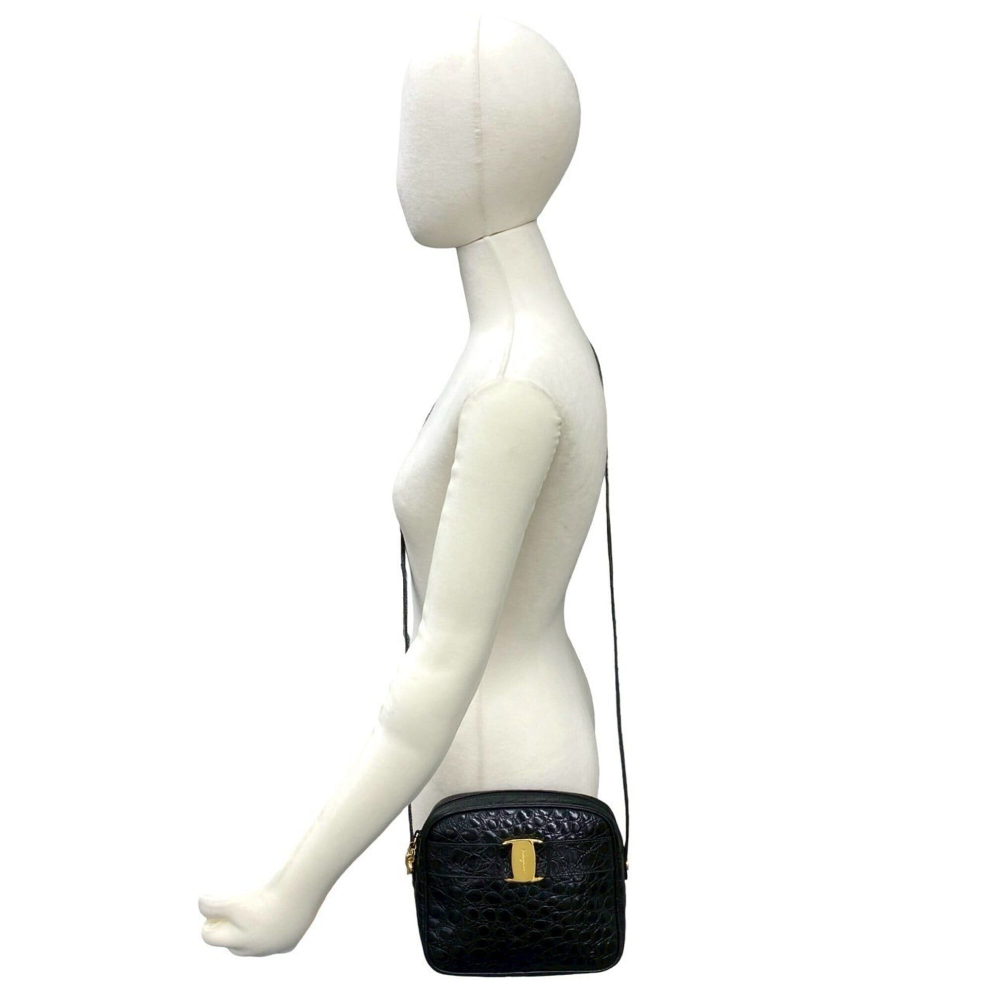 Salvatore Ferragamo Salvatore Ferragamo Vara Leather Shoulder Bag, Black, 30059, with Crocodile Embossed Hardware Size ONE SIZE - 2 Thumbnail