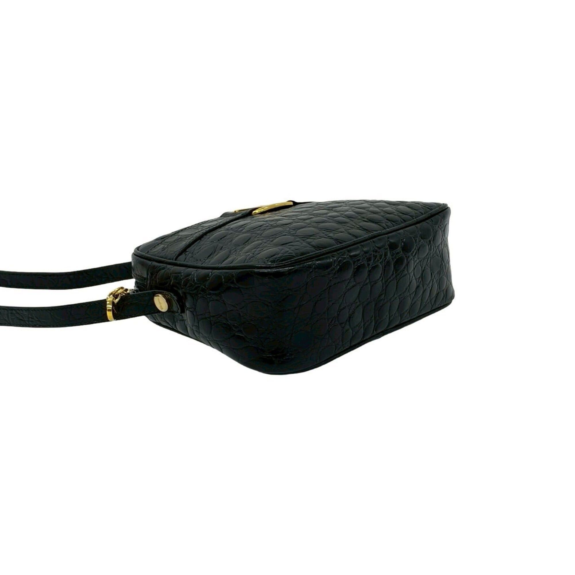 Salvatore Ferragamo Salvatore Ferragamo Vara Leather Shoulder Bag, Black, 30059, with Crocodile Embossed Hardware Size ONE SIZE - 7 Thumbnail