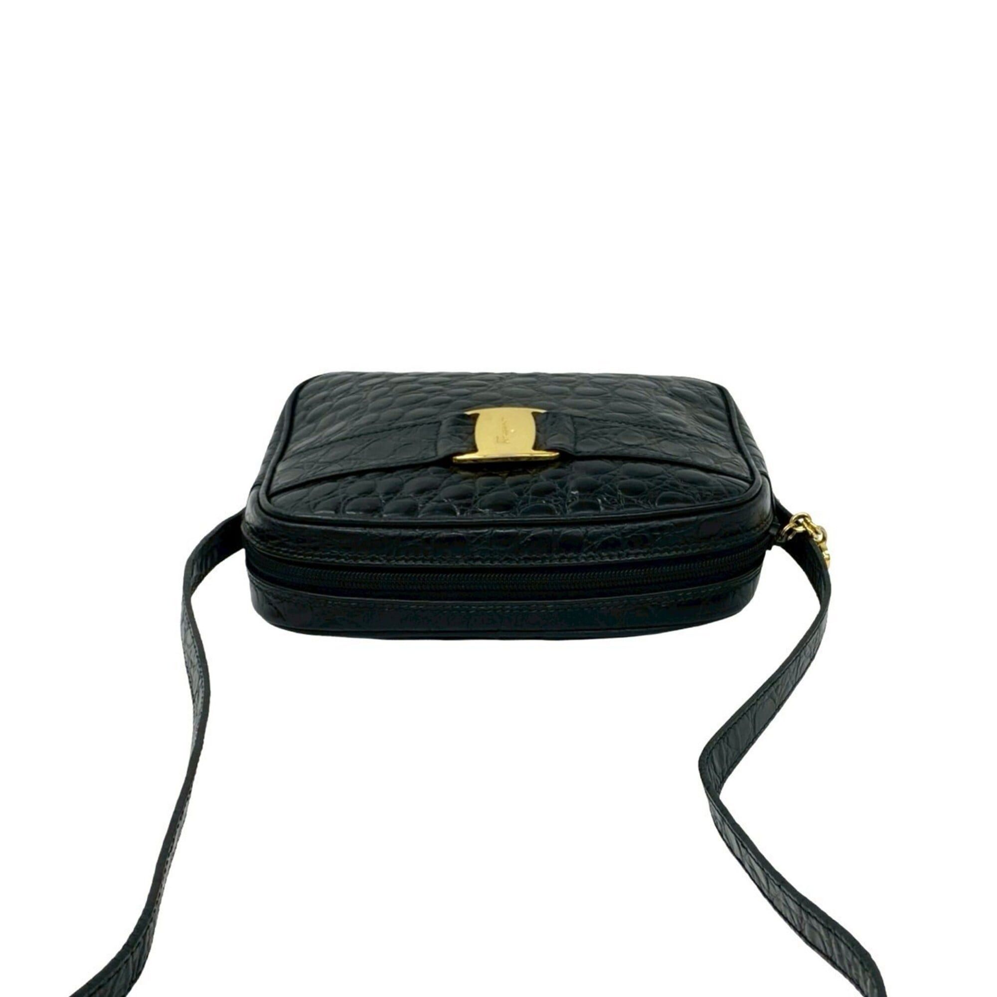 Salvatore Ferragamo Salvatore Ferragamo Vara Leather Shoulder Bag, Black, 30059, with Crocodile Embossed Hardware Size ONE SIZE - 4 Thumbnail