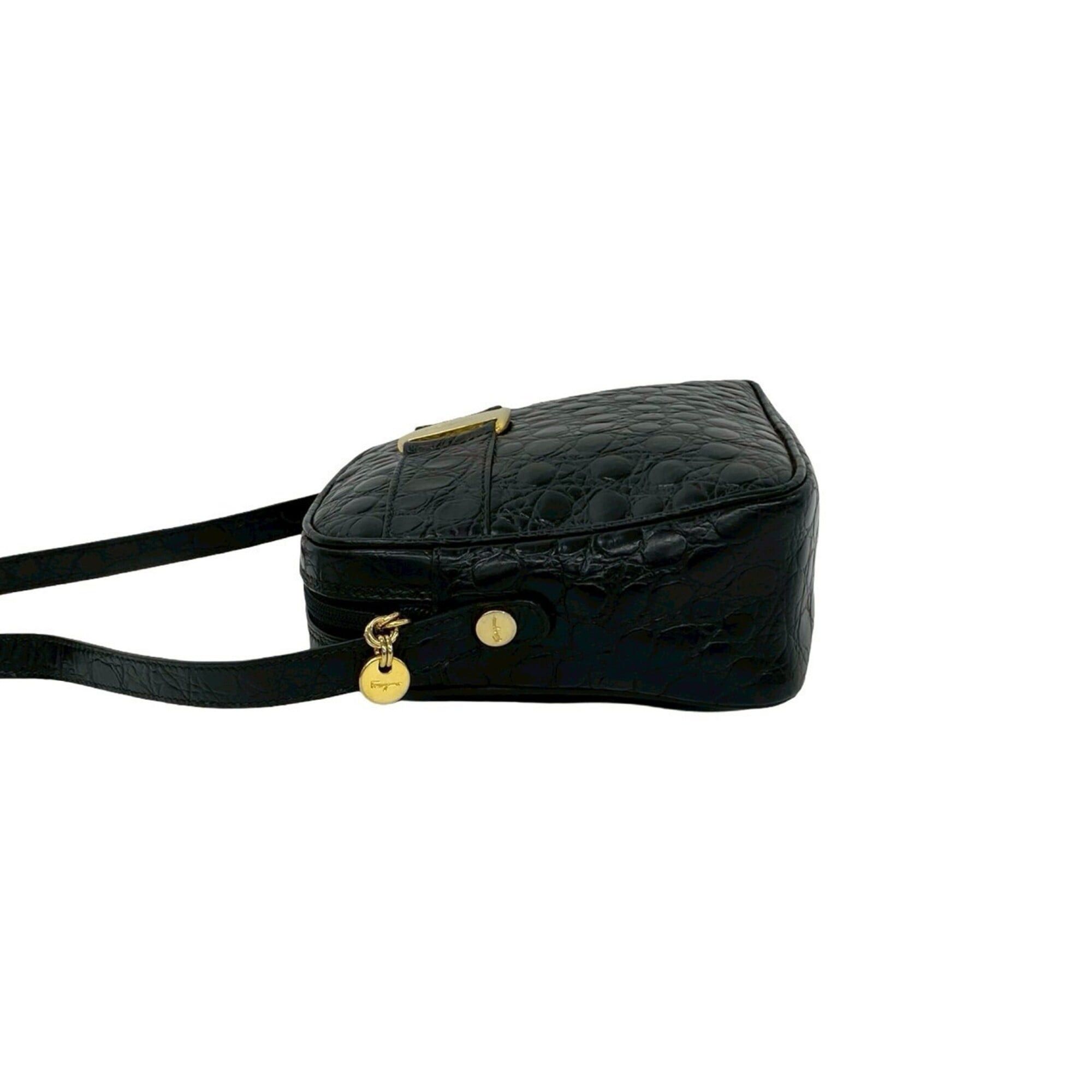 Salvatore Ferragamo Salvatore Ferragamo Vara Leather Shoulder Bag, Black, 30059, with Crocodile Embossed Hardware Size ONE SIZE - 5 Thumbnail