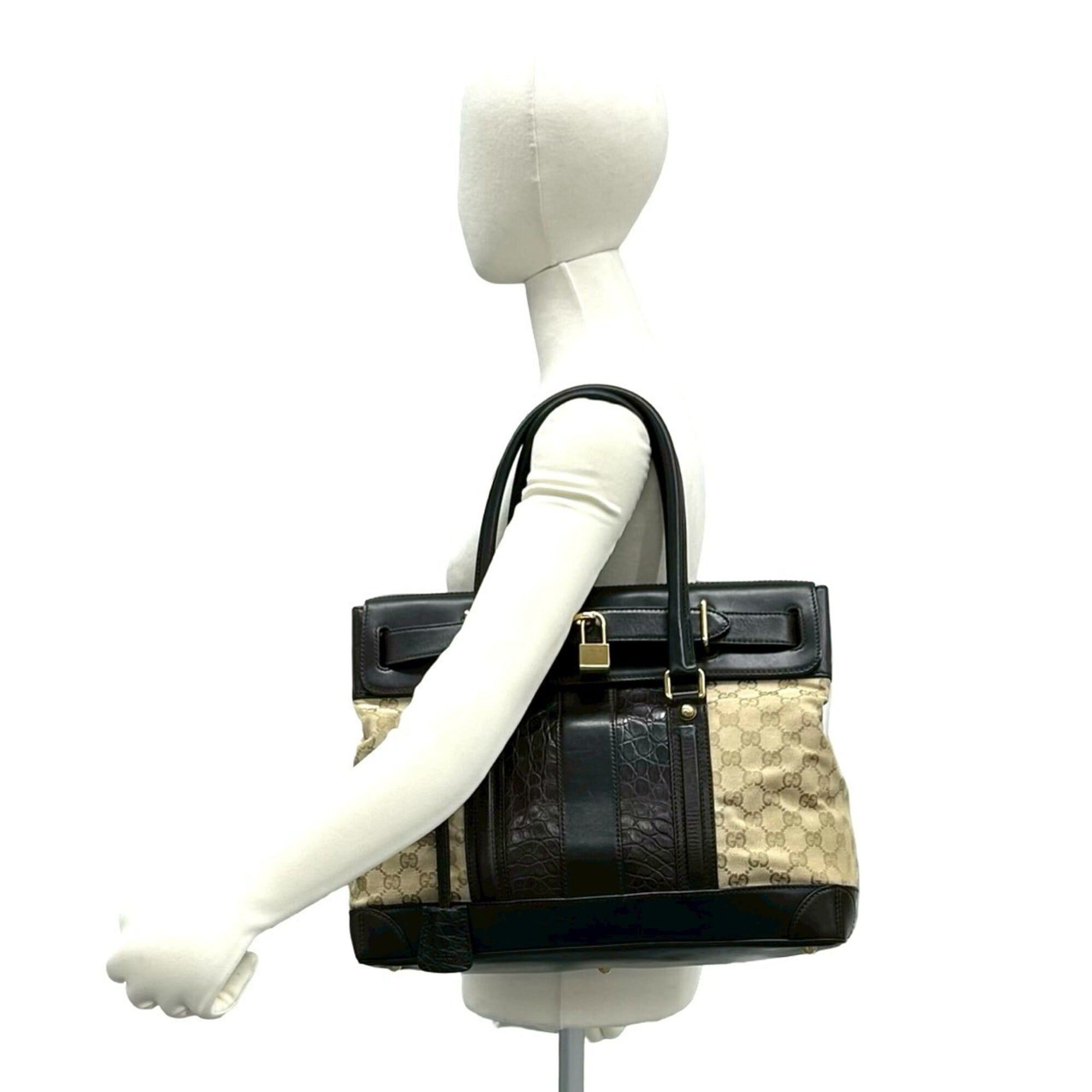 Gucci GUCCI GG Canvas Crocodile Embossed Leather Tote Bag Handbag Boston Beige Brown 33656 Size ONE SIZE - 2 Thumbnail