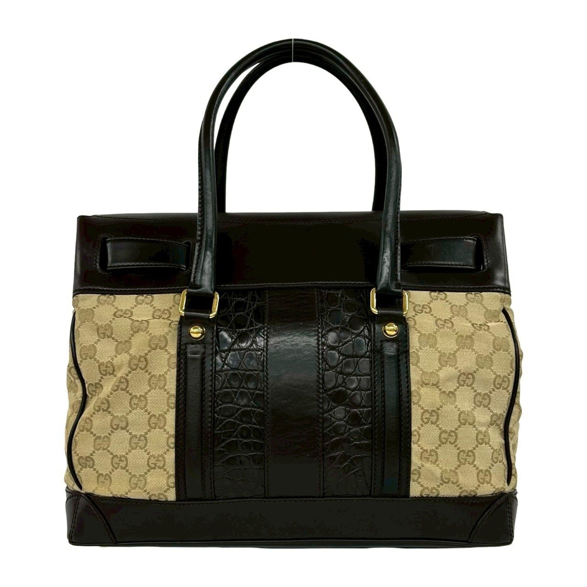 Gucci GUCCI GG Canvas Crocodile Embossed Leather Tote Bag Handbag Boston Beige Brown 33656 Size ONE SIZE - 3 Thumbnail