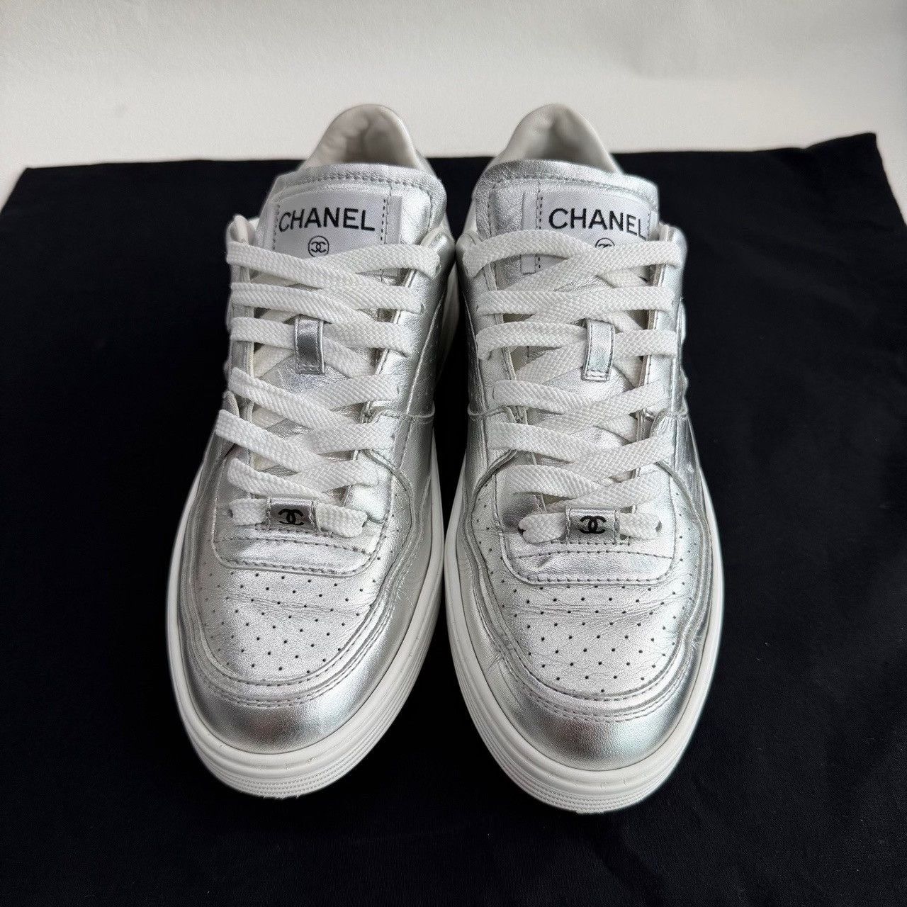Chanel Chanel Leather Silver Lowtop Sneakers us_7-5 Women Size US 7.5 / IT 37.5 - 2 Thumbnail