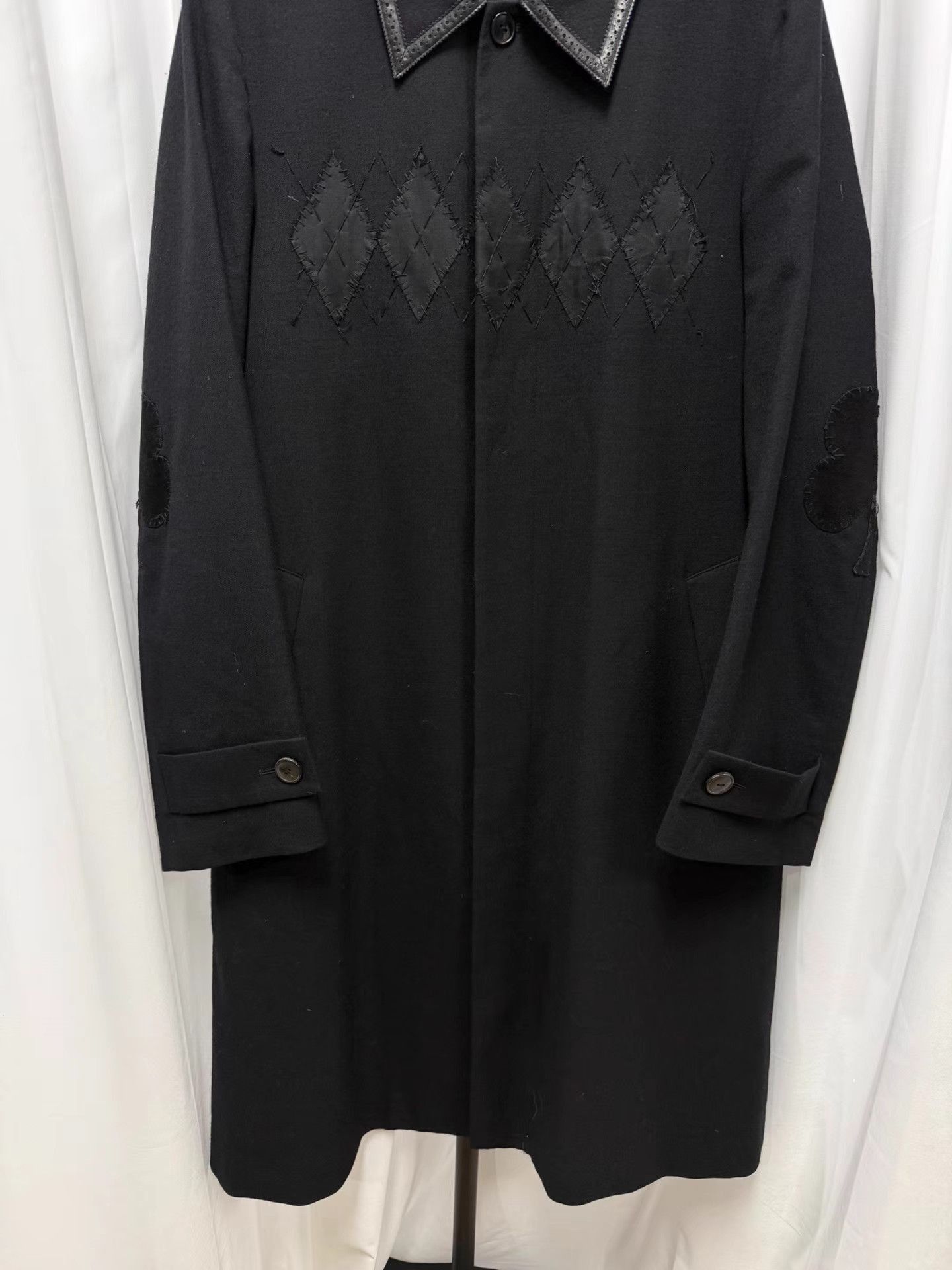 Number (N)ine Black Long Coat with Diamond Pattern and Leather Collar Trim Size US L / EU 52-54 / 3 - 3 Thumbnail