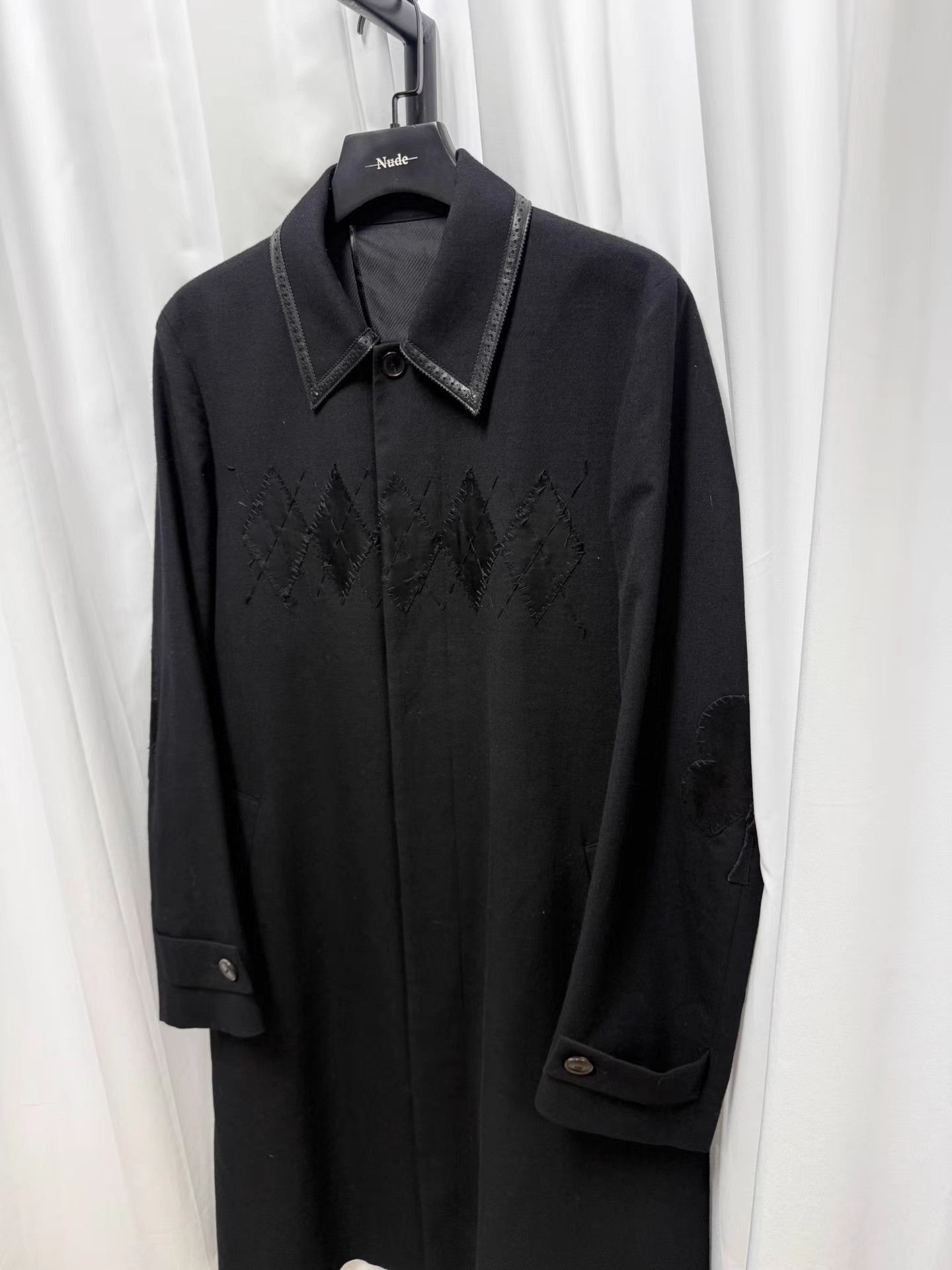 Number (N)ine Black Long Coat with Diamond Pattern and Leather Collar Trim Size US L / EU 52-54 / 3 - 2 Thumbnail
