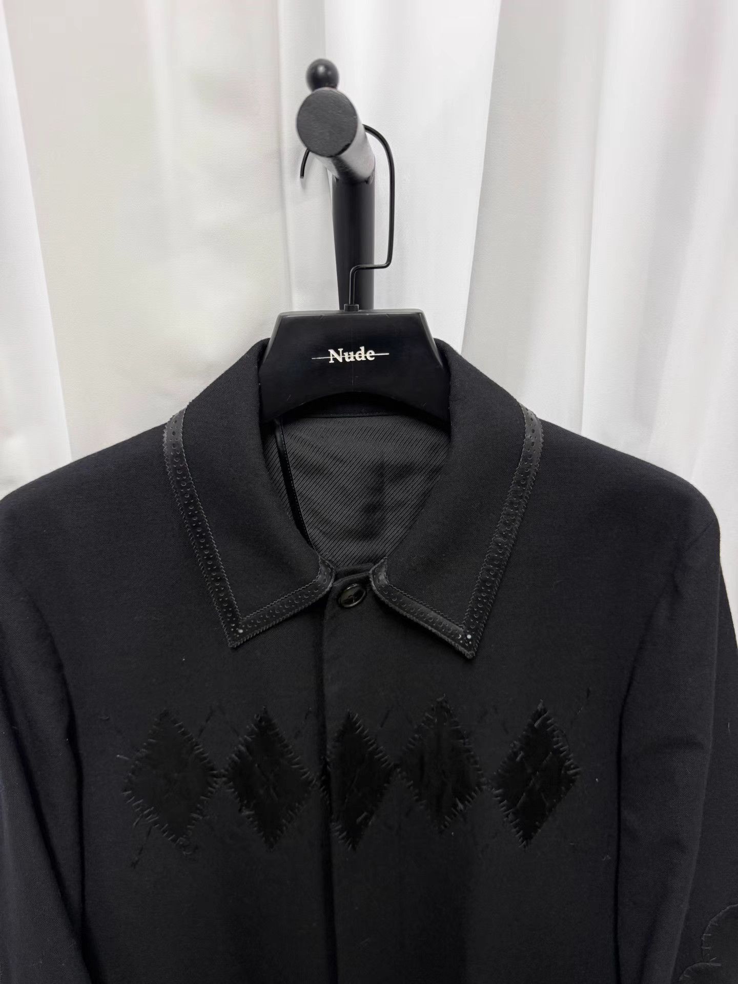 Number (N)ine Black Long Coat with Diamond Pattern and Leather Collar Trim Size US L / EU 52-54 / 3 - 4 Thumbnail