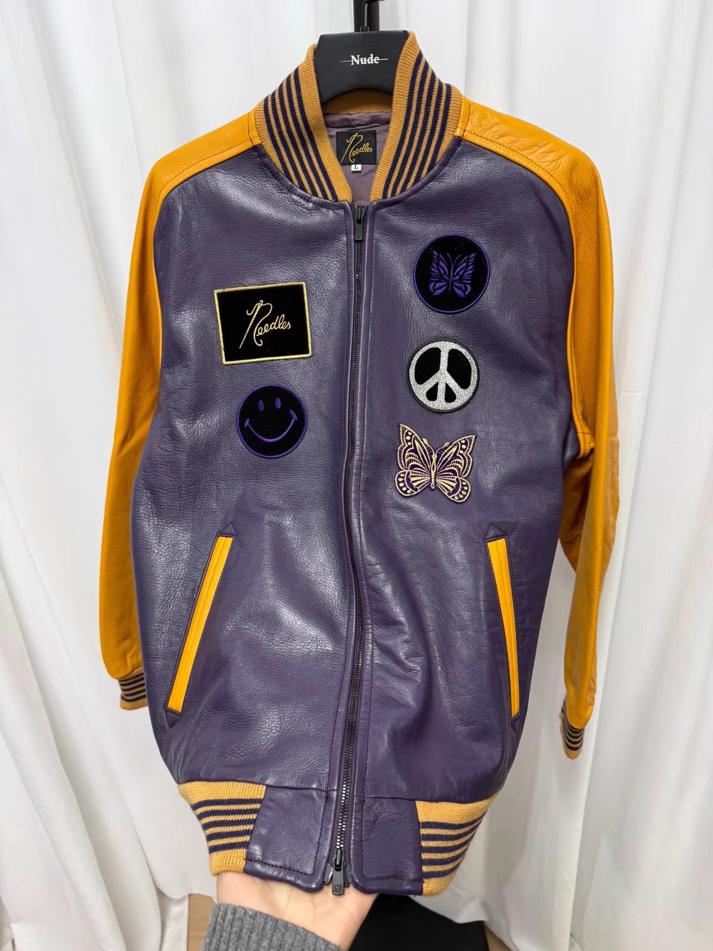 Needles Orange Leather Bomber Jacket with Patches - Size L Size US L / EU 52-54 / 3 - 6 Thumbnail