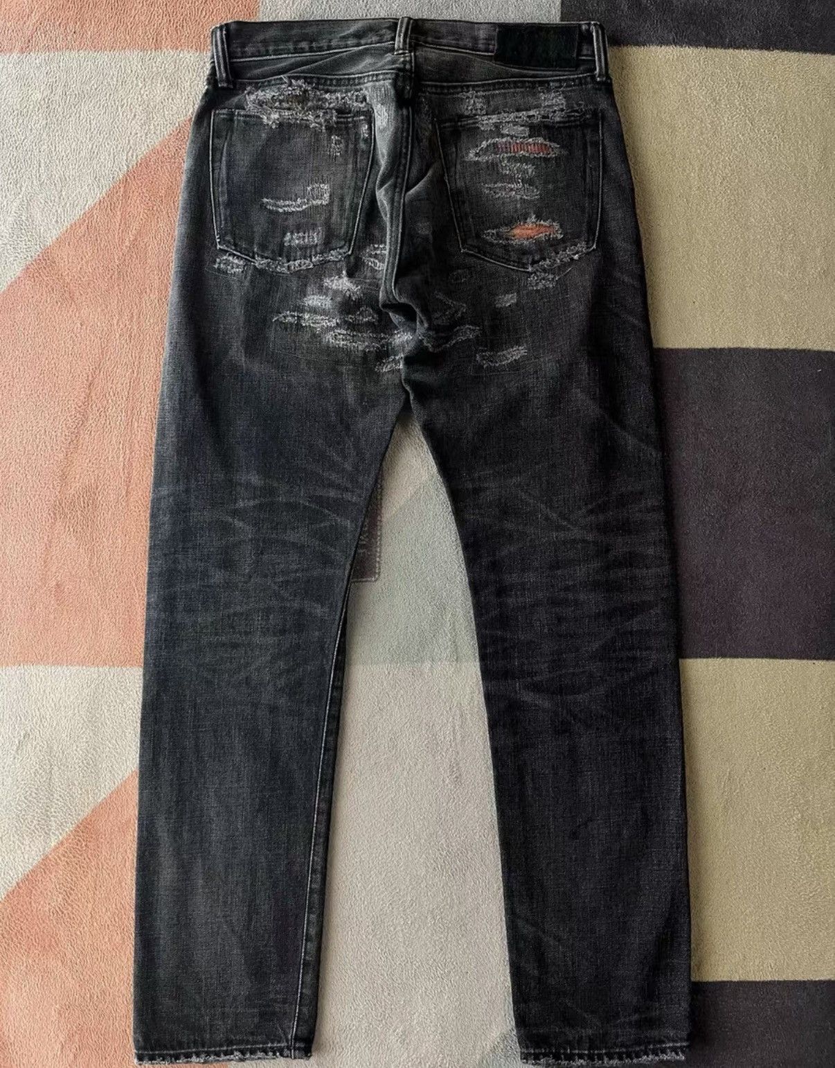 RRL Ralph Lauren Black Distressed Denim Jeans with Plaid Patches Size US 30 / EU 46 - 2 Thumbnail