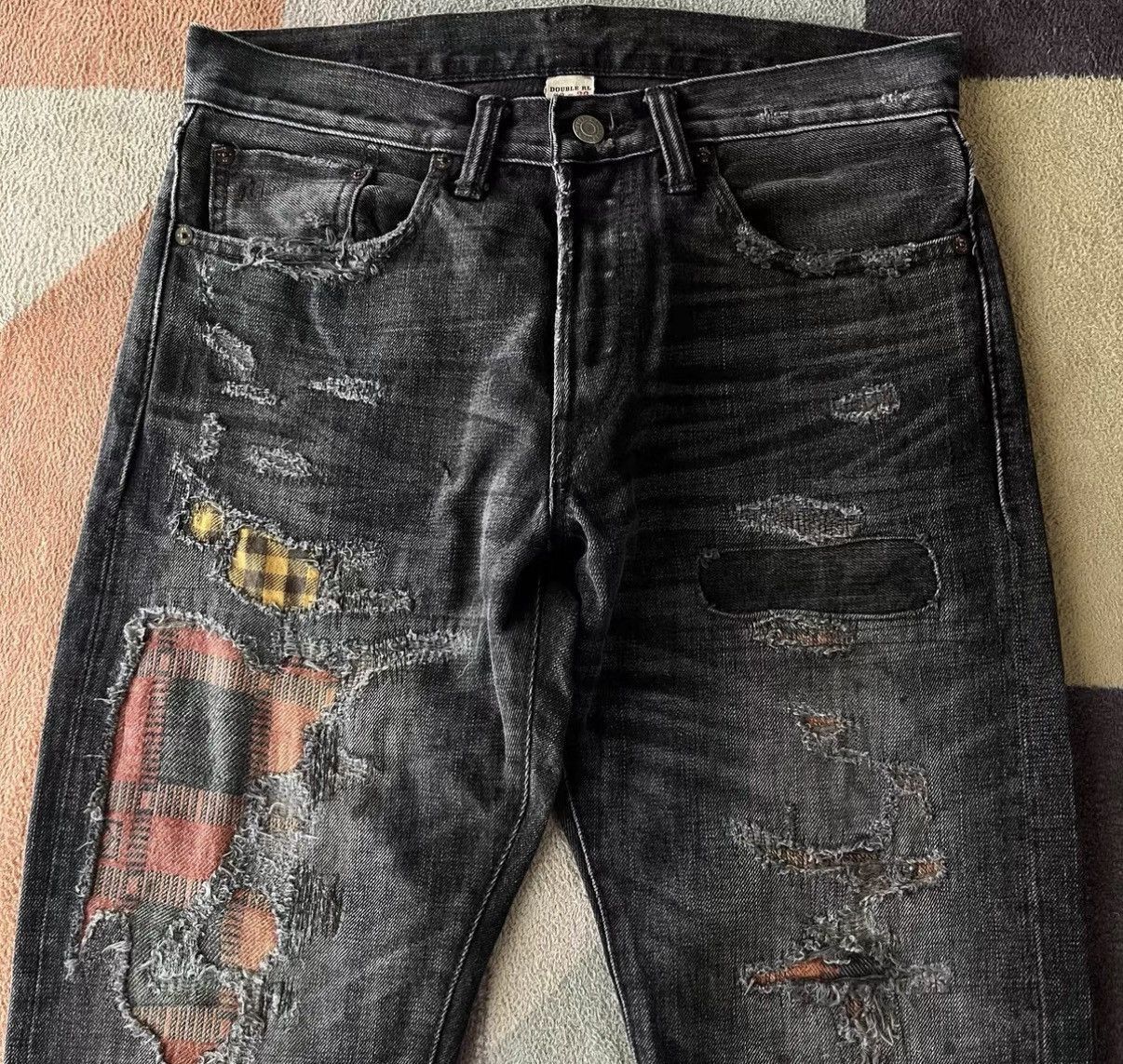 RRL Ralph Lauren Black Distressed Denim Jeans with Plaid Patches Size US 30 / EU 46 - 3 Thumbnail