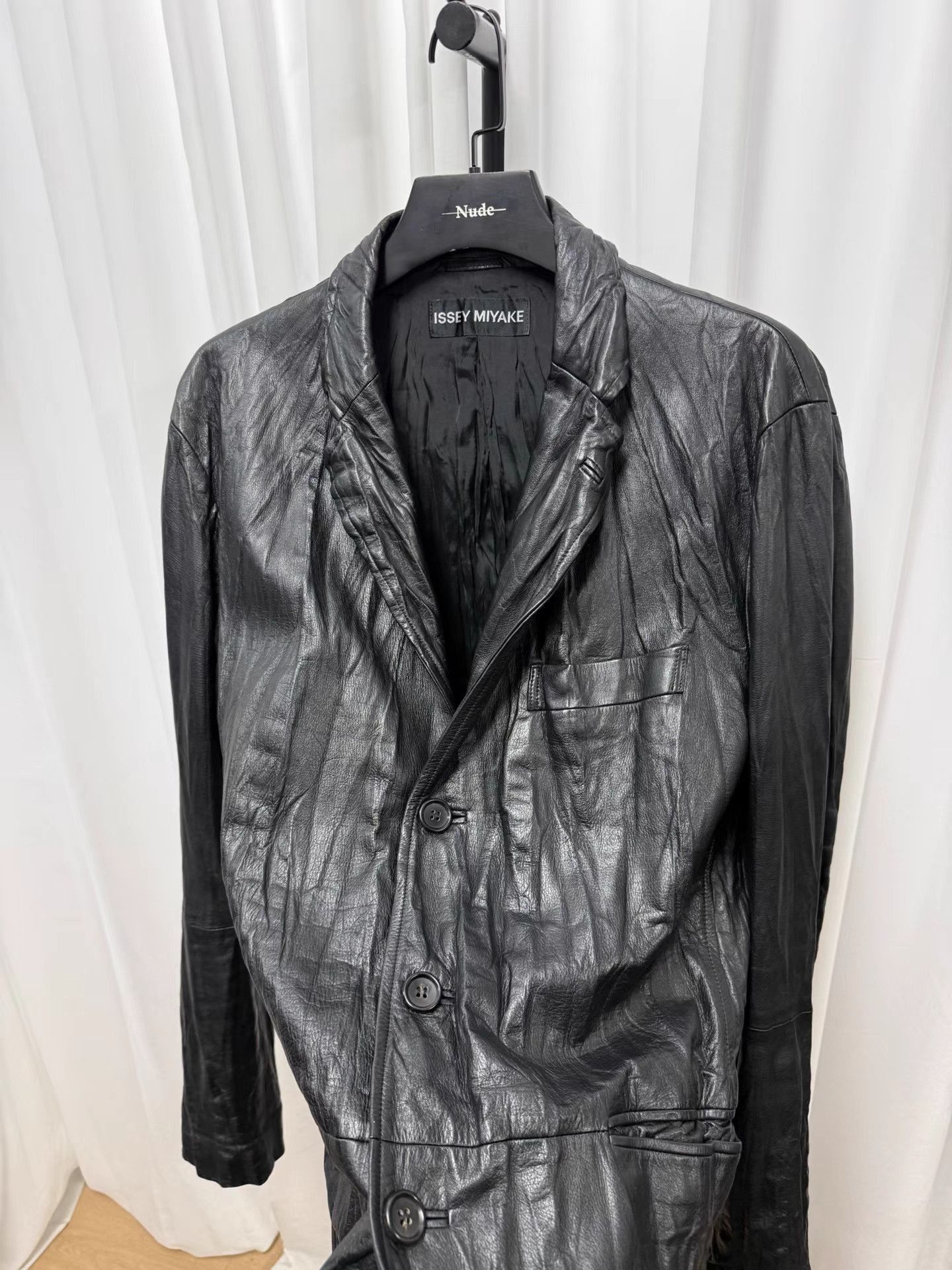 Issey Miyake Black Leather Button-Front Jacket Size US L / EU 52-54 / 3 - 5 Thumbnail