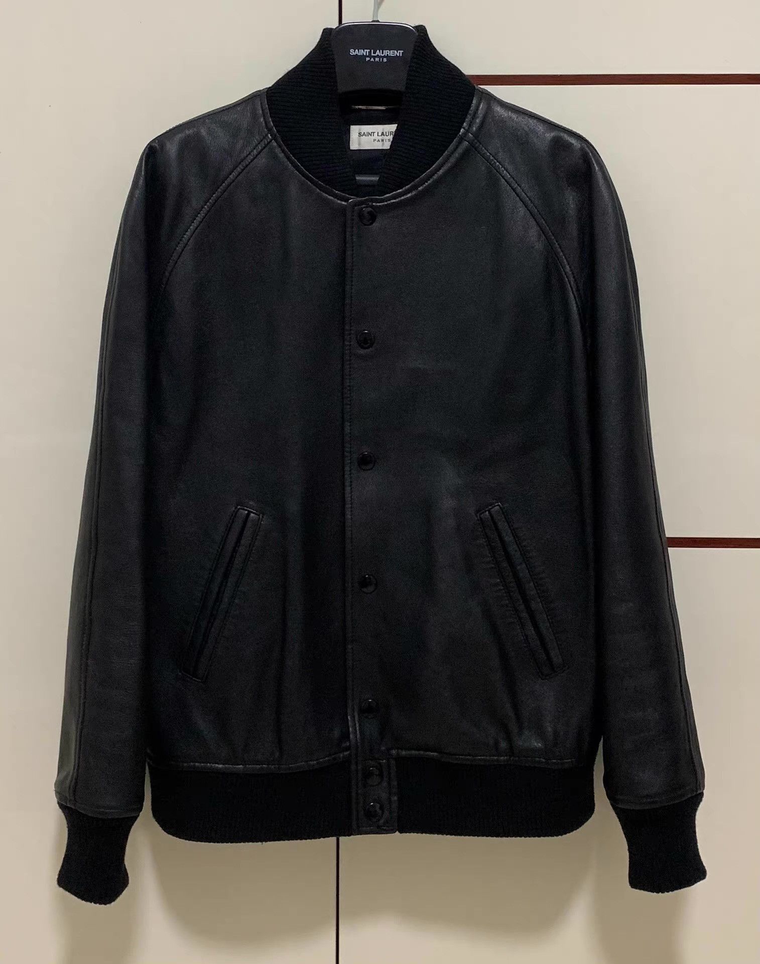 Saint Laurent Paris Black Leather Bomber Jacket with Leopard Print Back - M Size US M / EU 48-50 / 2 - 7 Thumbnail