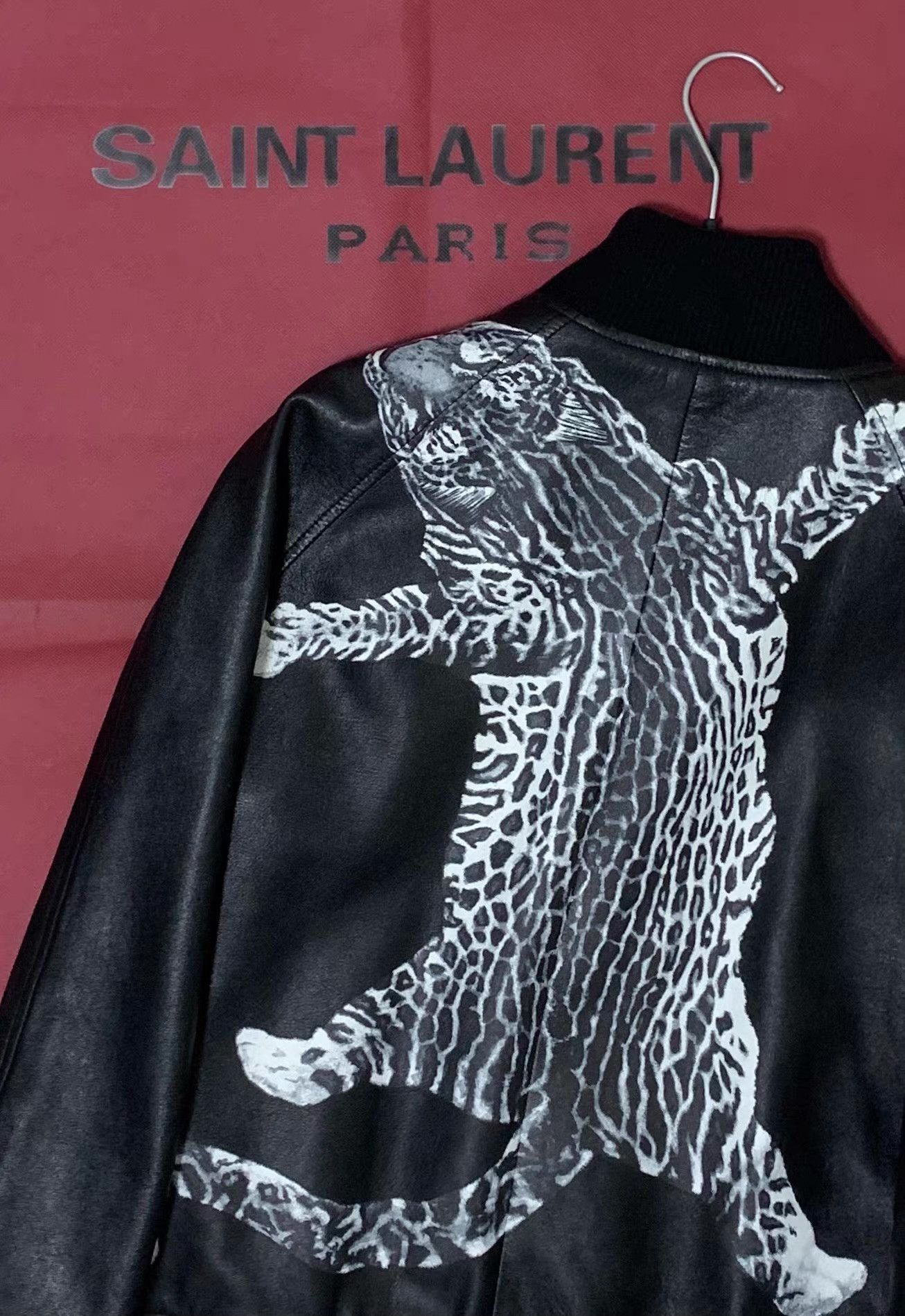 Saint Laurent Paris Black Leather Bomber Jacket with Leopard Print Back - M Size US M / EU 48-50 / 2 - 2 Thumbnail