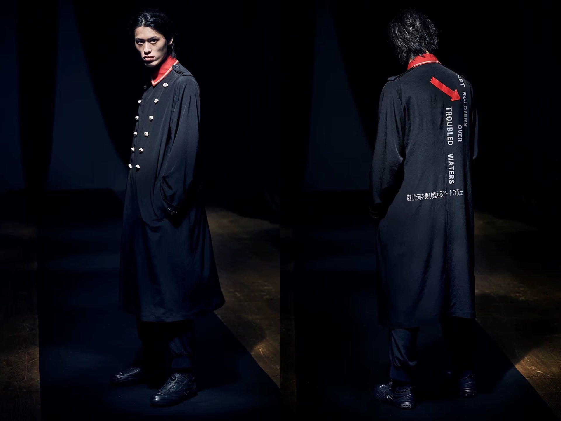 Yohji Yamamoto Black Long Coat with Red Collar and Gold Buttons Size US M / EU 48-50 / 2 - 4 Thumbnail
