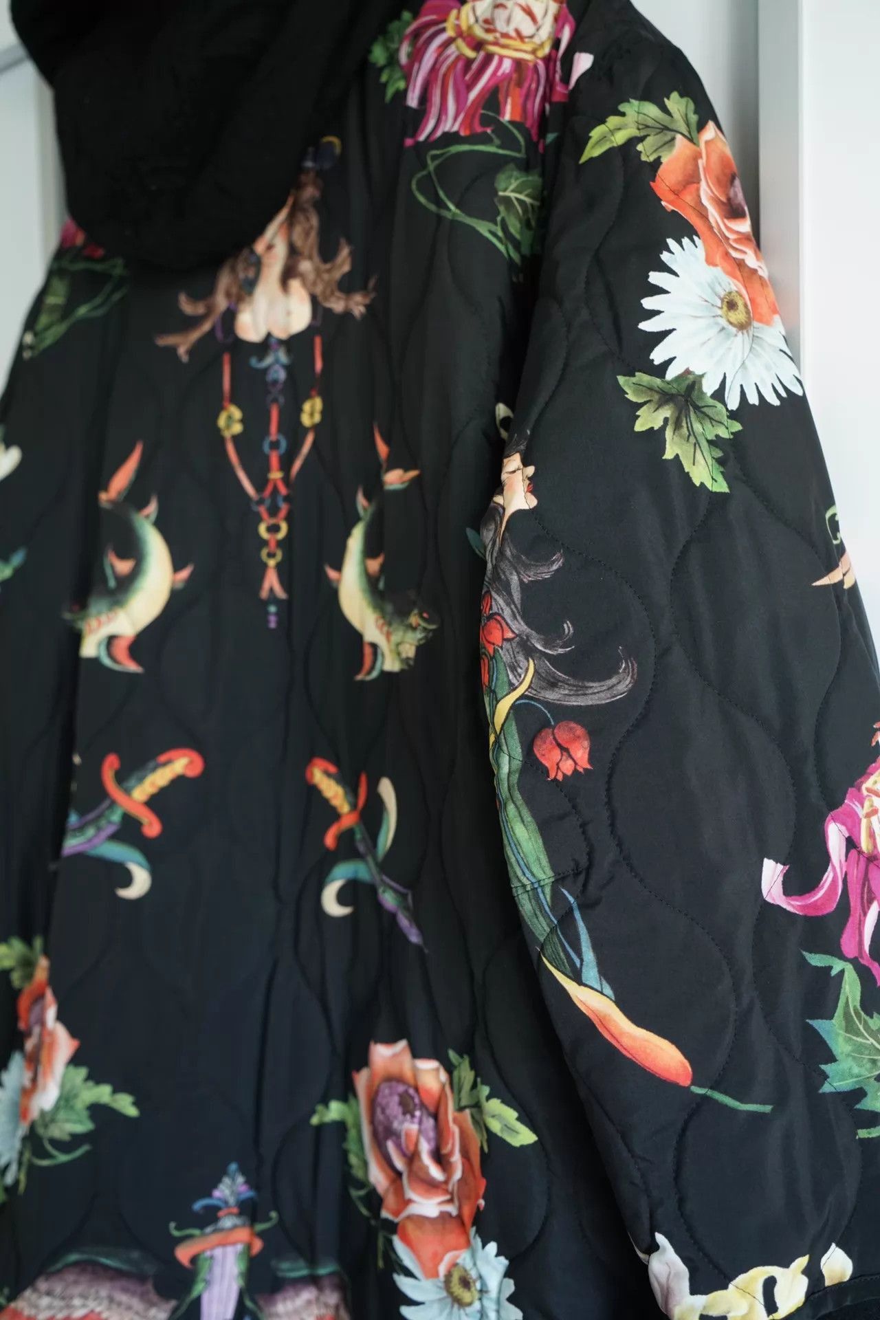 Yohji Yamamoto Black Quilted Floral Print Long Coat Size US L / EU 52-54 / 3 - 6 Thumbnail