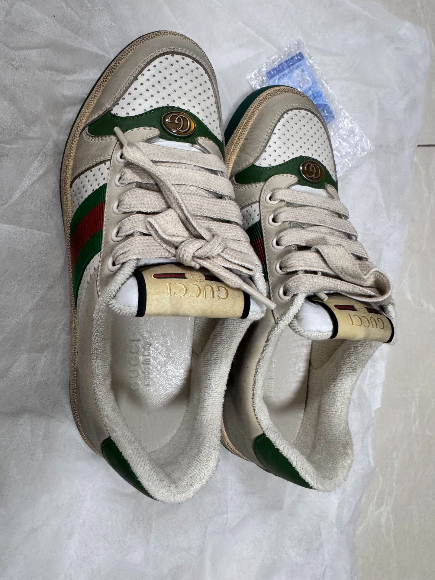 Gucci Gucci Cream Green Distressed Leather Sneakers Size US 5.5 / IT 35.5 - 2 Thumbnail
