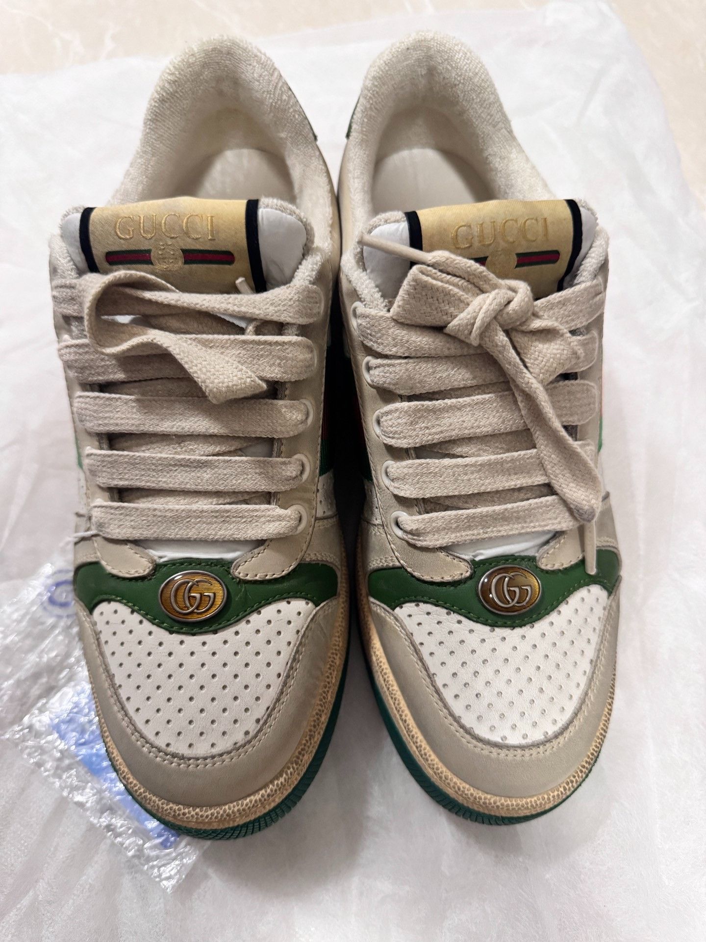 Gucci Gucci Cream Green Distressed Leather Sneakers Size US 5.5 / IT 35.5 - 5 Thumbnail