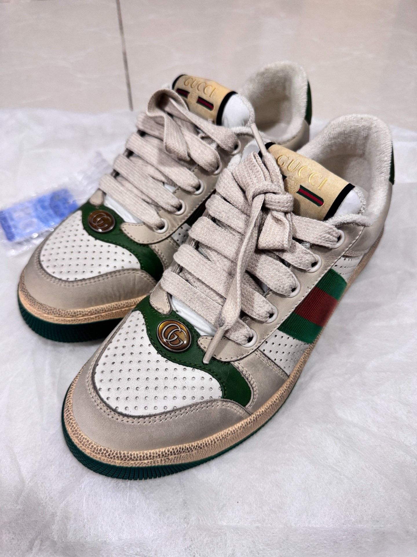 Gucci Gucci Cream Green Distressed Leather Sneakers Size US 5.5 / IT 35.5 - 3 Thumbnail