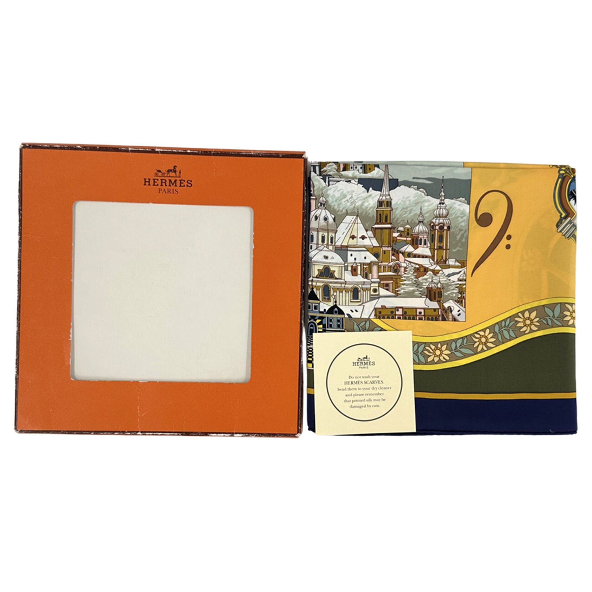 Hermes Hermes scarf/muffler, Carre 90, "In Salzburg," women's, brand, silk, khaki green, yellow, multicolor, sheet music, musical instrument. Size ONE SIZE - 8 Thumbnail