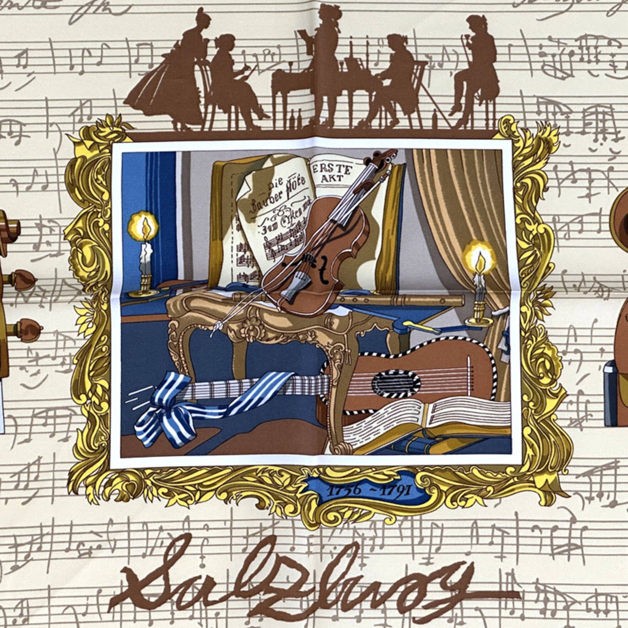 Hermes Hermes scarf/muffler, Carre 90, "In Salzburg," women's, brand, silk, khaki green, yellow, multicolor, sheet music, musical instrument. Size ONE SIZE - 2 Thumbnail