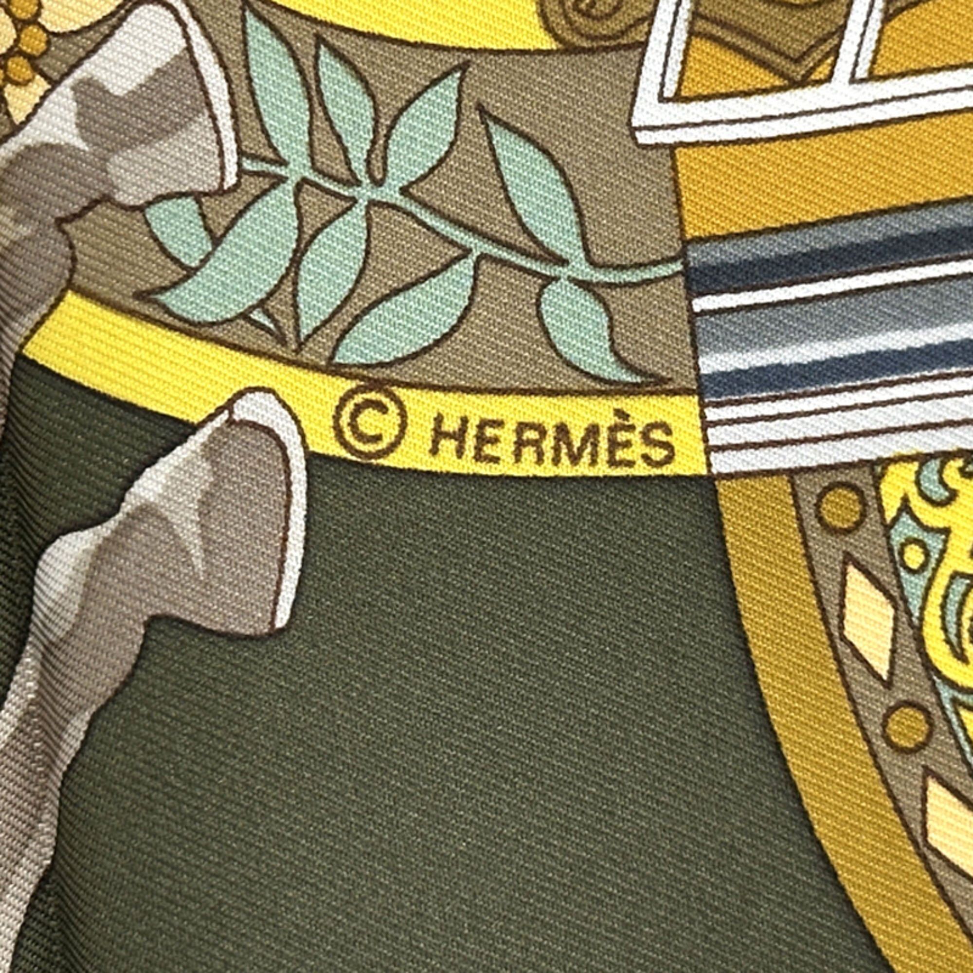 Hermes Hermes scarf/muffler, Carre 90, "In Salzburg," women's, brand, silk, khaki green, yellow, multicolor, sheet music, musical instrument. Size ONE SIZE - 6 Thumbnail