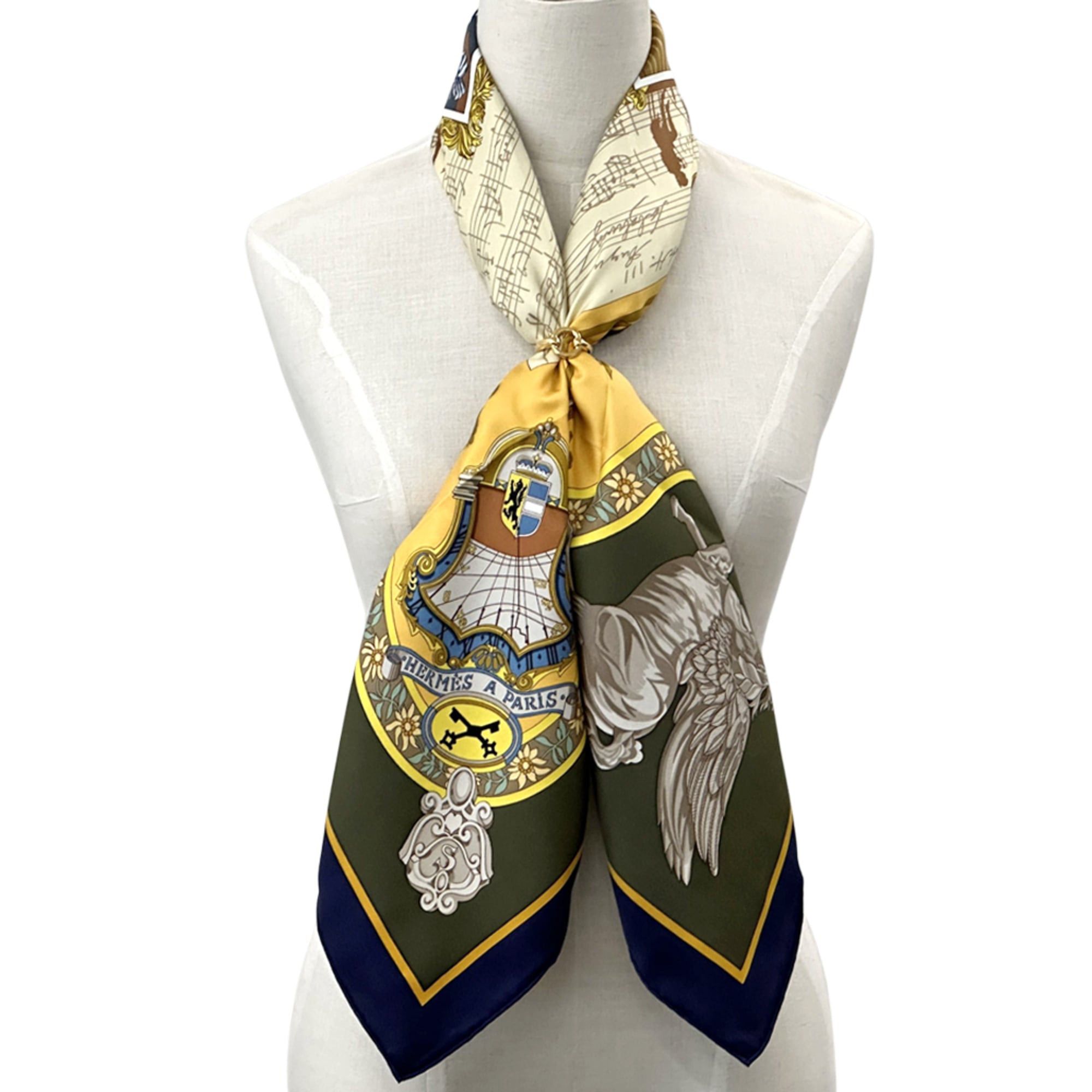 Hermes Hermes scarf/muffler, Carre 90, "In Salzburg," women's, brand, silk, khaki green, yellow, multicolor, sheet music, musical instrument. Size ONE SIZE - 9 Thumbnail