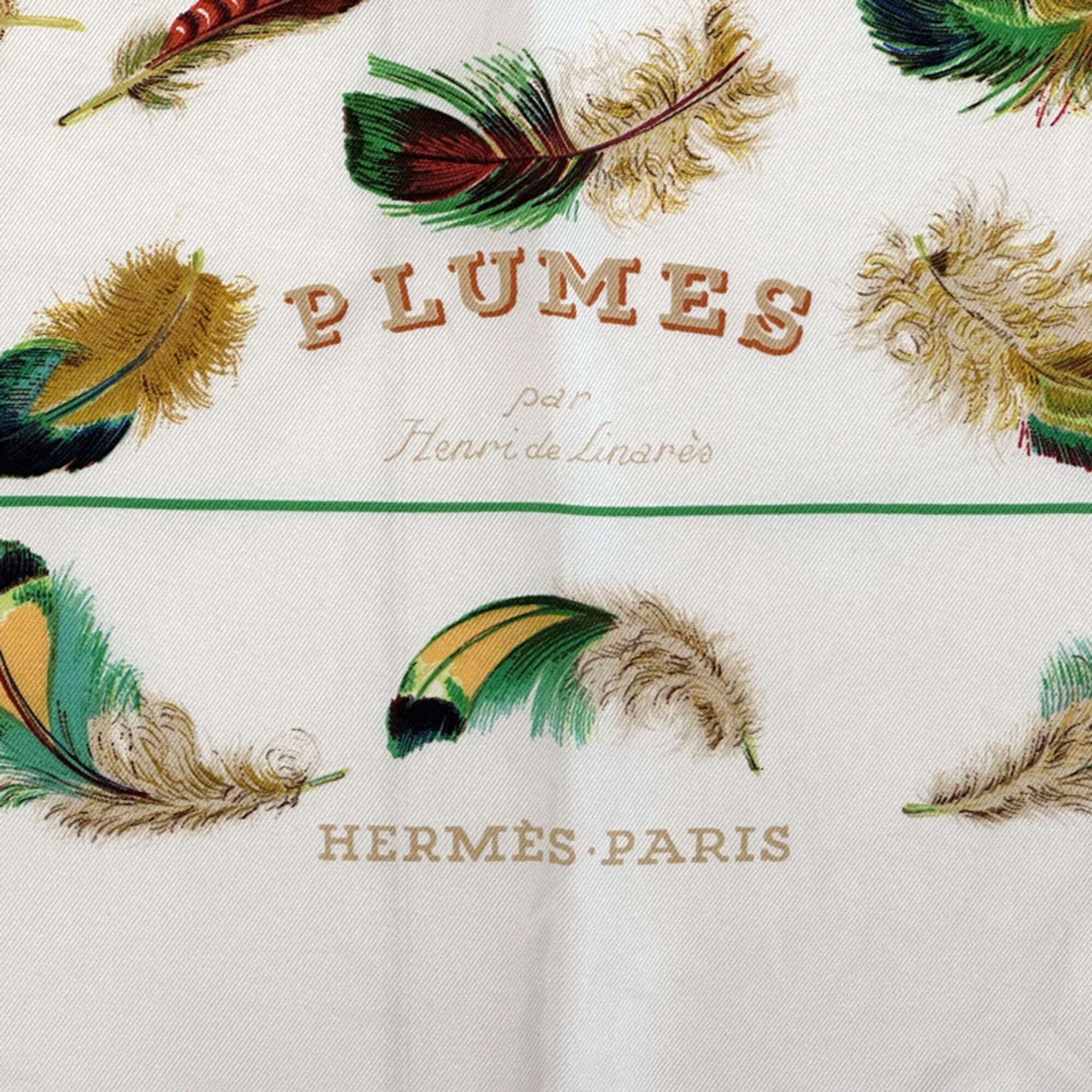 Hermes Hermes scarf/muffler, Carre 90, PLUMES by Henride Linares, feather design, women's, brand, silk, white, cream. Size ONE SIZE - 2 Thumbnail