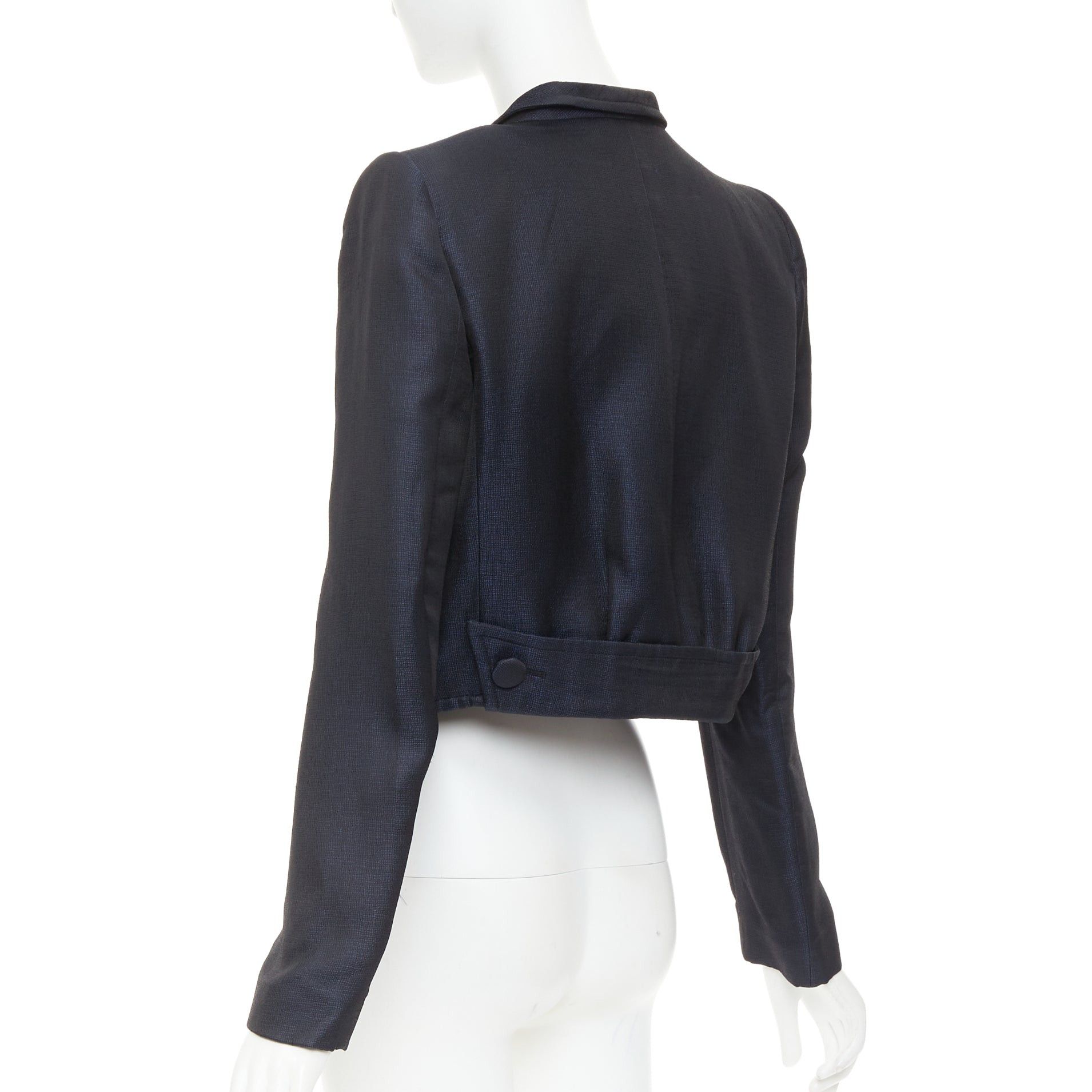 Giorgio Armani GIORGIO ARMANI navy textured shiny flap pockets cropped evening jacket blazer IT46 XL Size L / US 10 / IT 46 - 7 Thumbnail