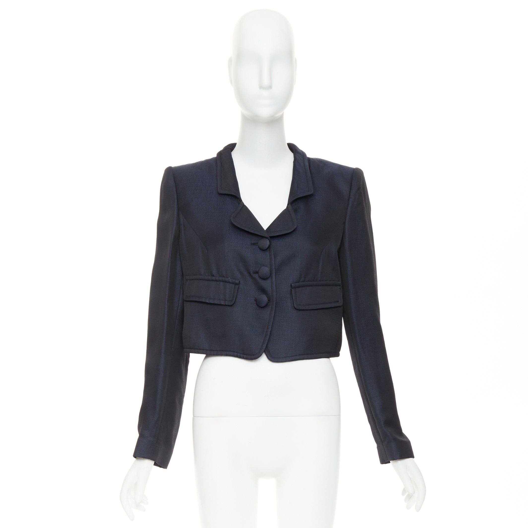 Giorgio Armani GIORGIO ARMANI navy textured shiny flap pockets cropped evening jacket blazer IT46 XL Size L / US 10 / IT 46 - 10 Thumbnail