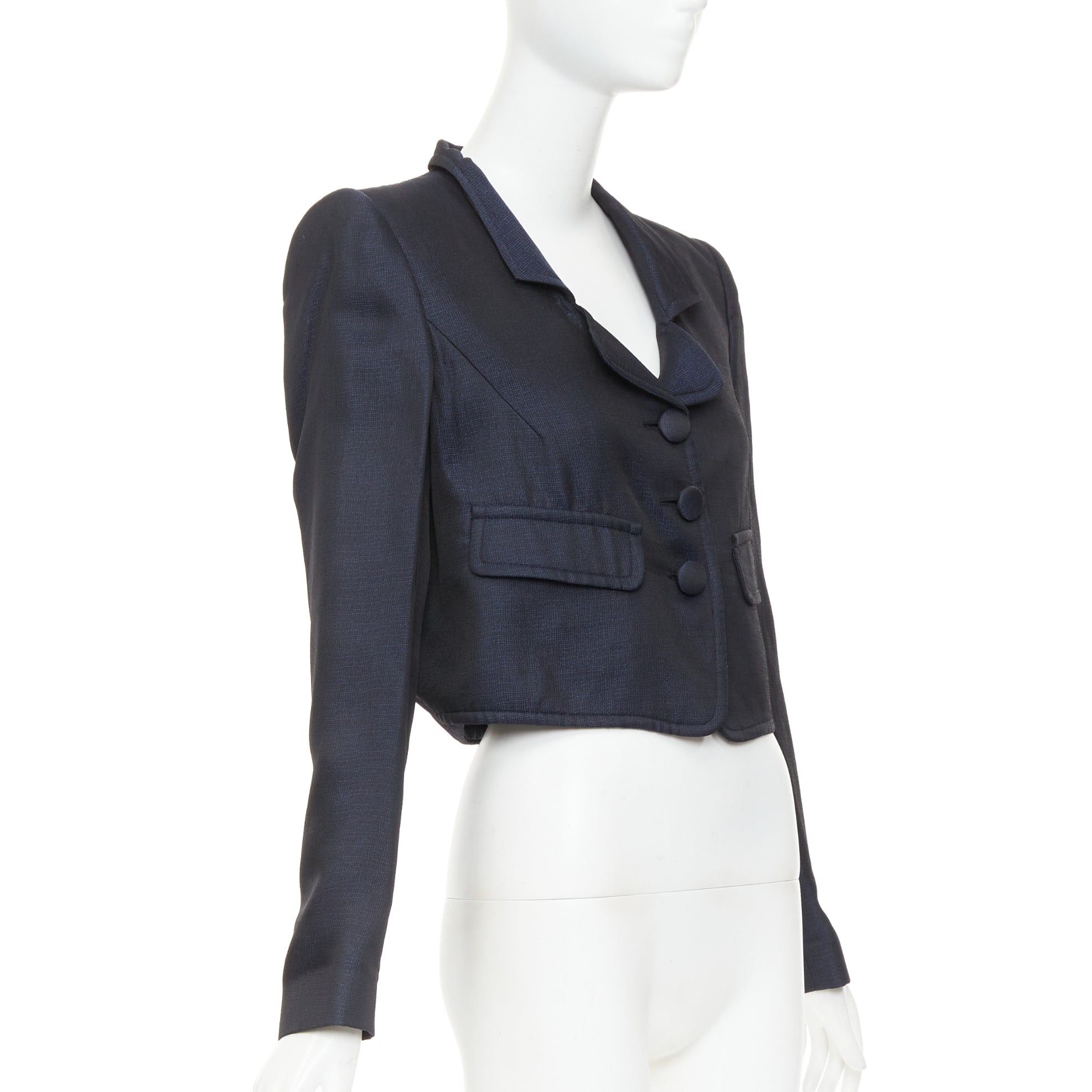 Giorgio Armani GIORGIO ARMANI navy textured shiny flap pockets cropped evening jacket blazer IT46 XL Size L / US 10 / IT 46 - 4 Thumbnail