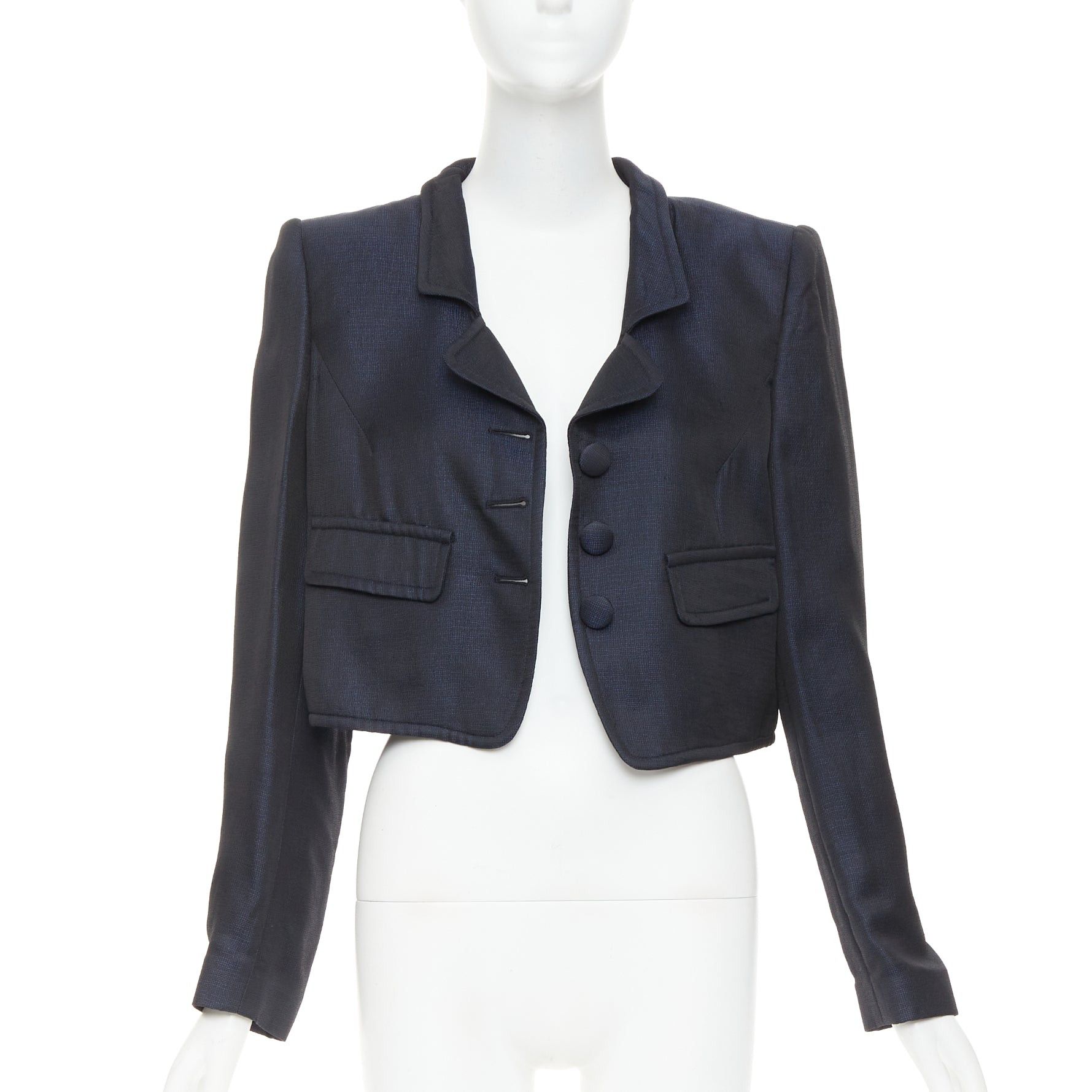 Giorgio Armani GIORGIO ARMANI navy textured shiny flap pockets cropped evening jacket blazer IT46 XL Size L / US 10 / IT 46 - 3 Thumbnail