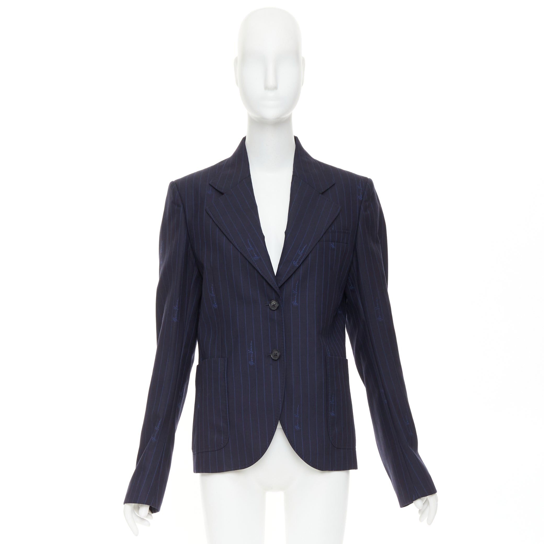 Versace VERSACE navy virgin wool cotton GV Signature pinstripe blazer jacket IT40 S Size S / US 4 / IT 40 - 9 Thumbnail