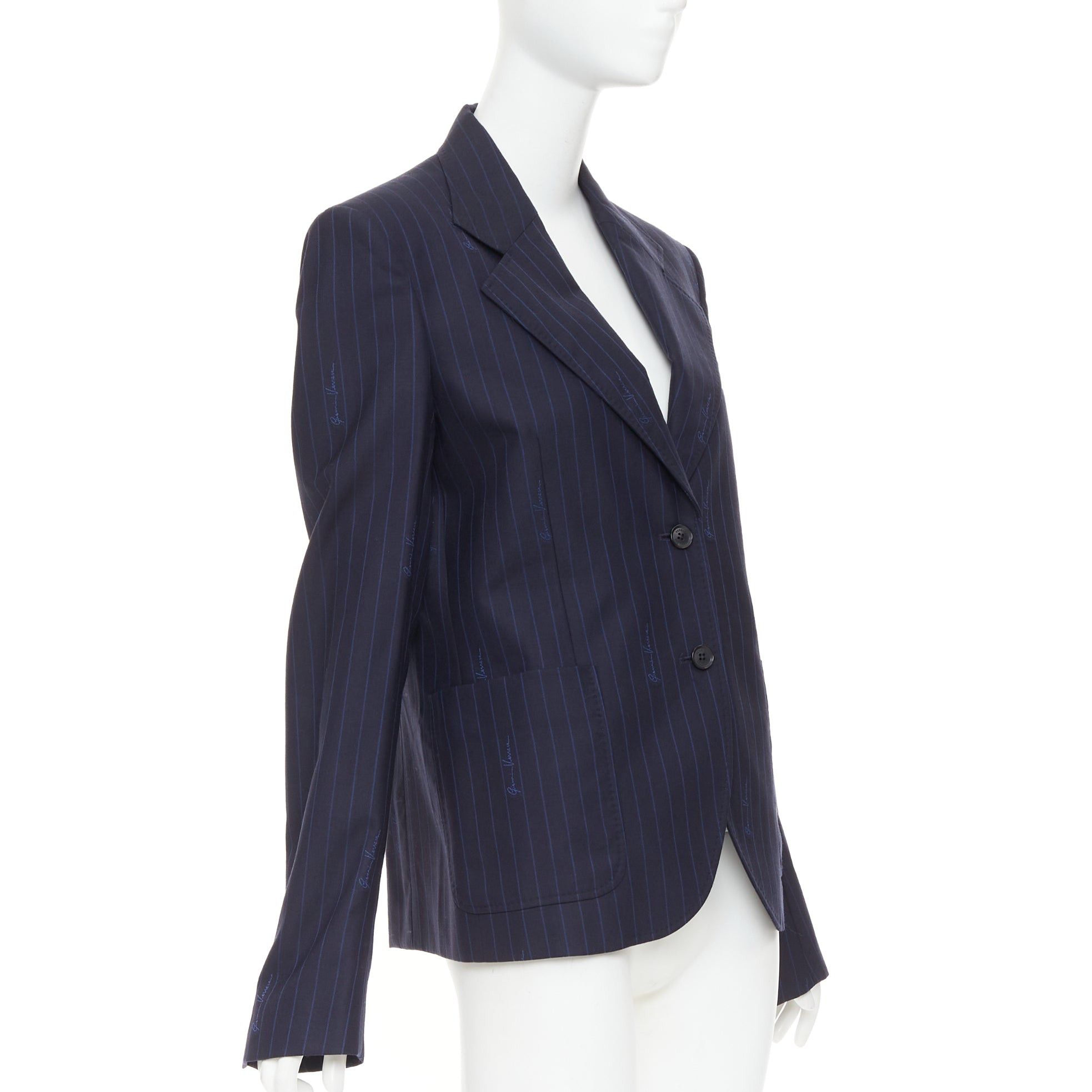 Versace VERSACE navy virgin wool cotton GV Signature pinstripe blazer jacket IT40 S Size S / US 4 / IT 40 - 3 Thumbnail