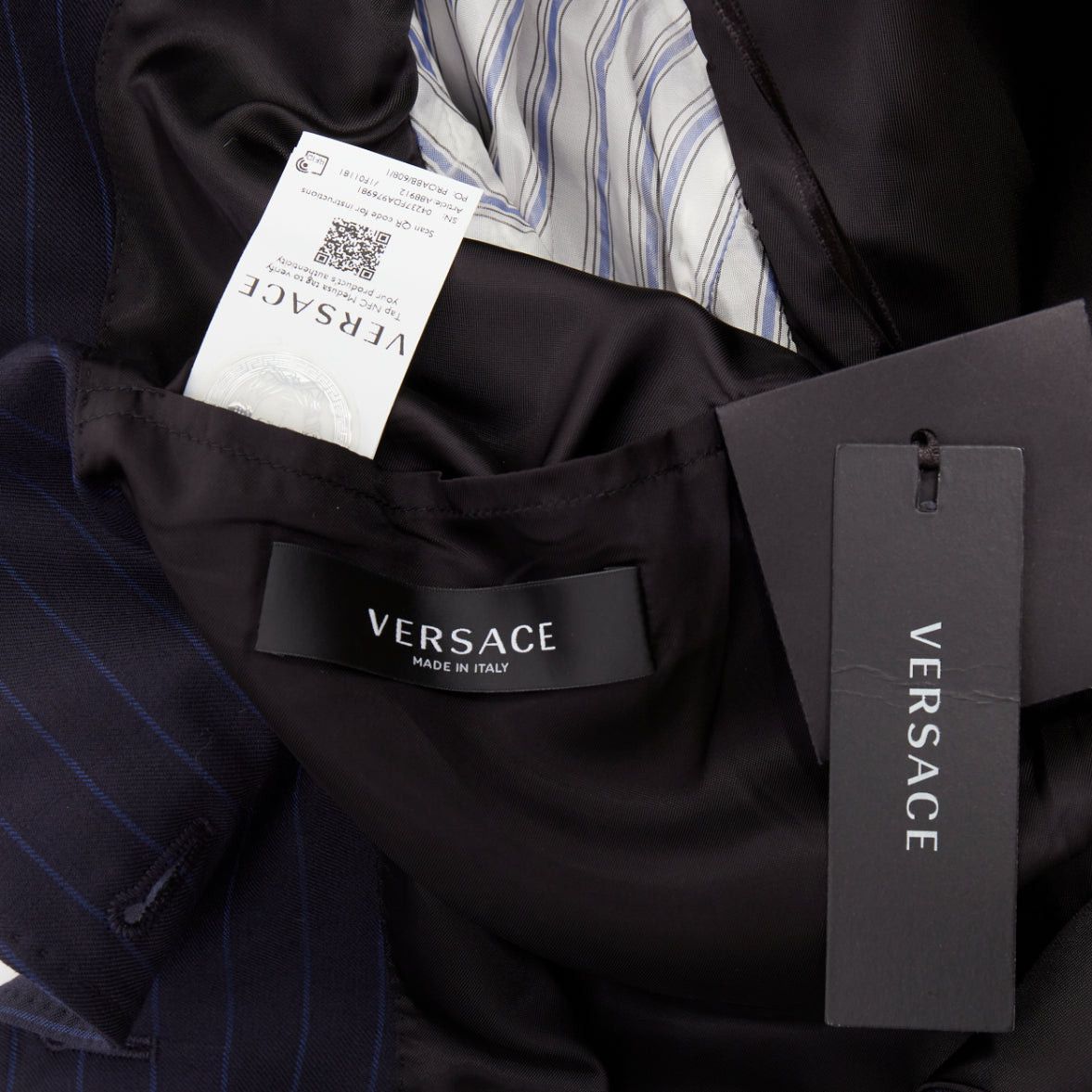 Versace VERSACE navy virgin wool cotton GV Signature pinstripe blazer jacket IT40 S Size S / US 4 / IT 40 - 8 Thumbnail