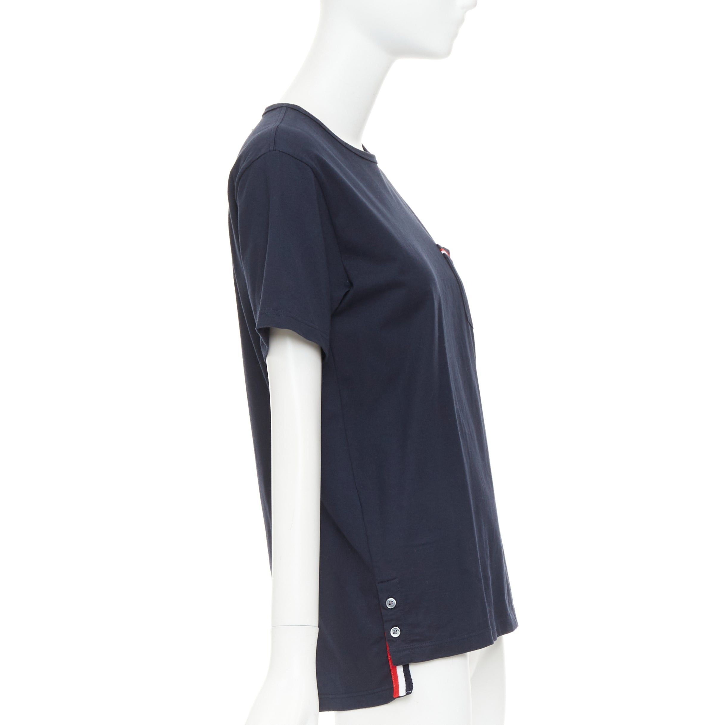 Thom Browne THOM BROWNE 2022 navy cotton RWB stripe trim short sleeve pocket tshirt Sz1 S Size S / US 4 / IT 40 - 4 Thumbnail