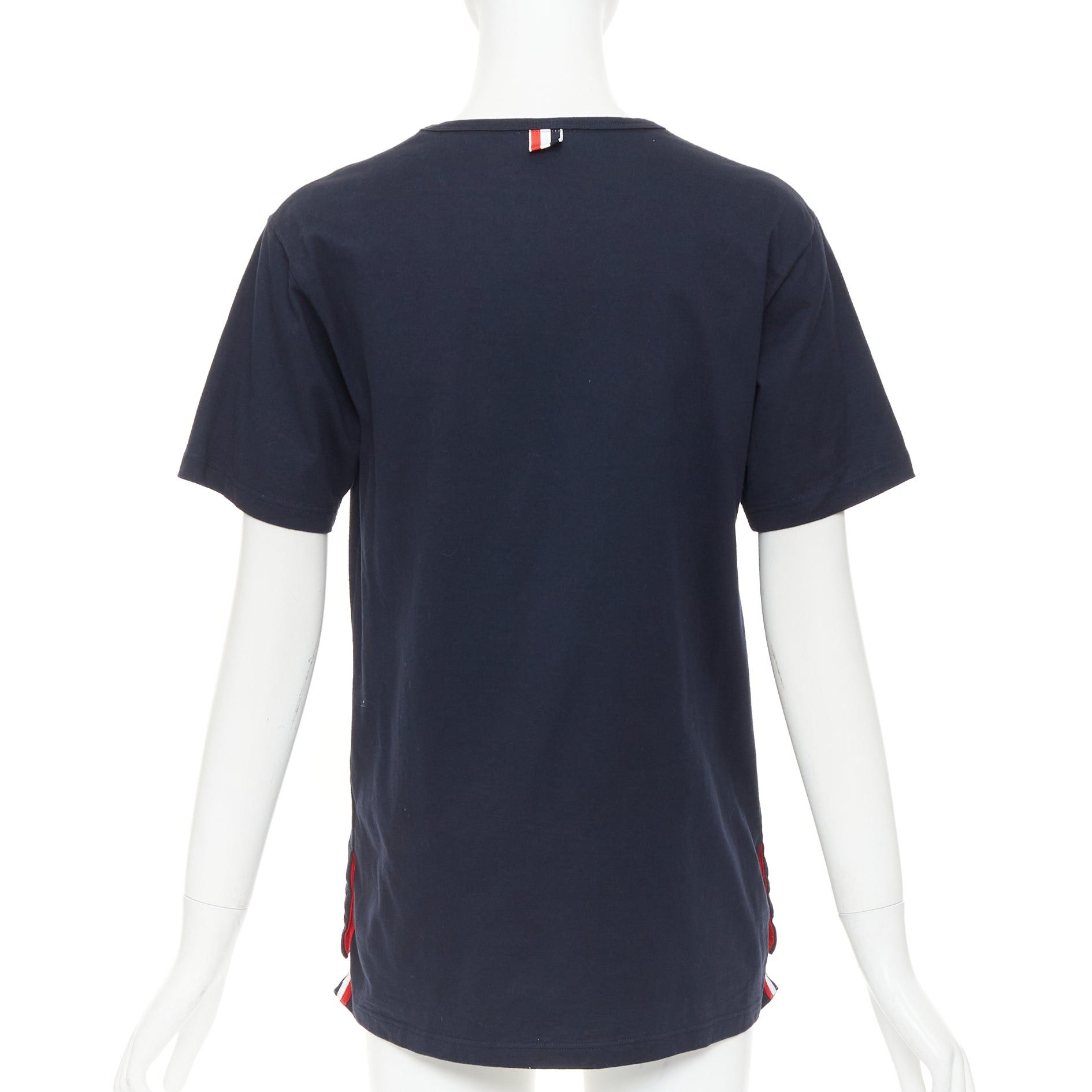 Thom Browne THOM BROWNE 2022 navy cotton RWB stripe trim short sleeve pocket tshirt Sz1 S Size S / US 4 / IT 40 - 5 Thumbnail