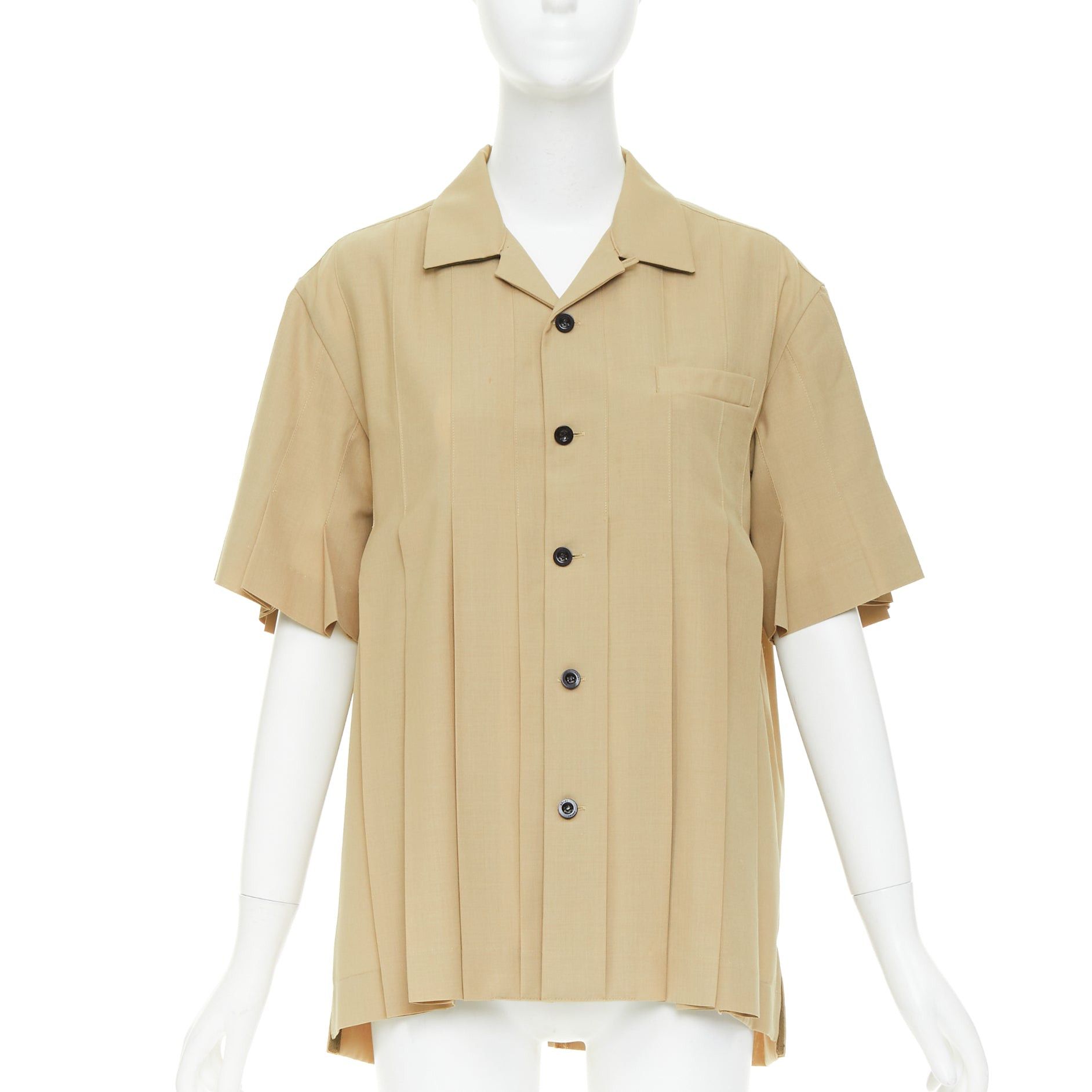 Sacai SACAI 2023 Runway khaki pleated pocketed short sleeve suiting boxy shirt JP1 S Size S / US 4 / IT 40 - 3 Thumbnail