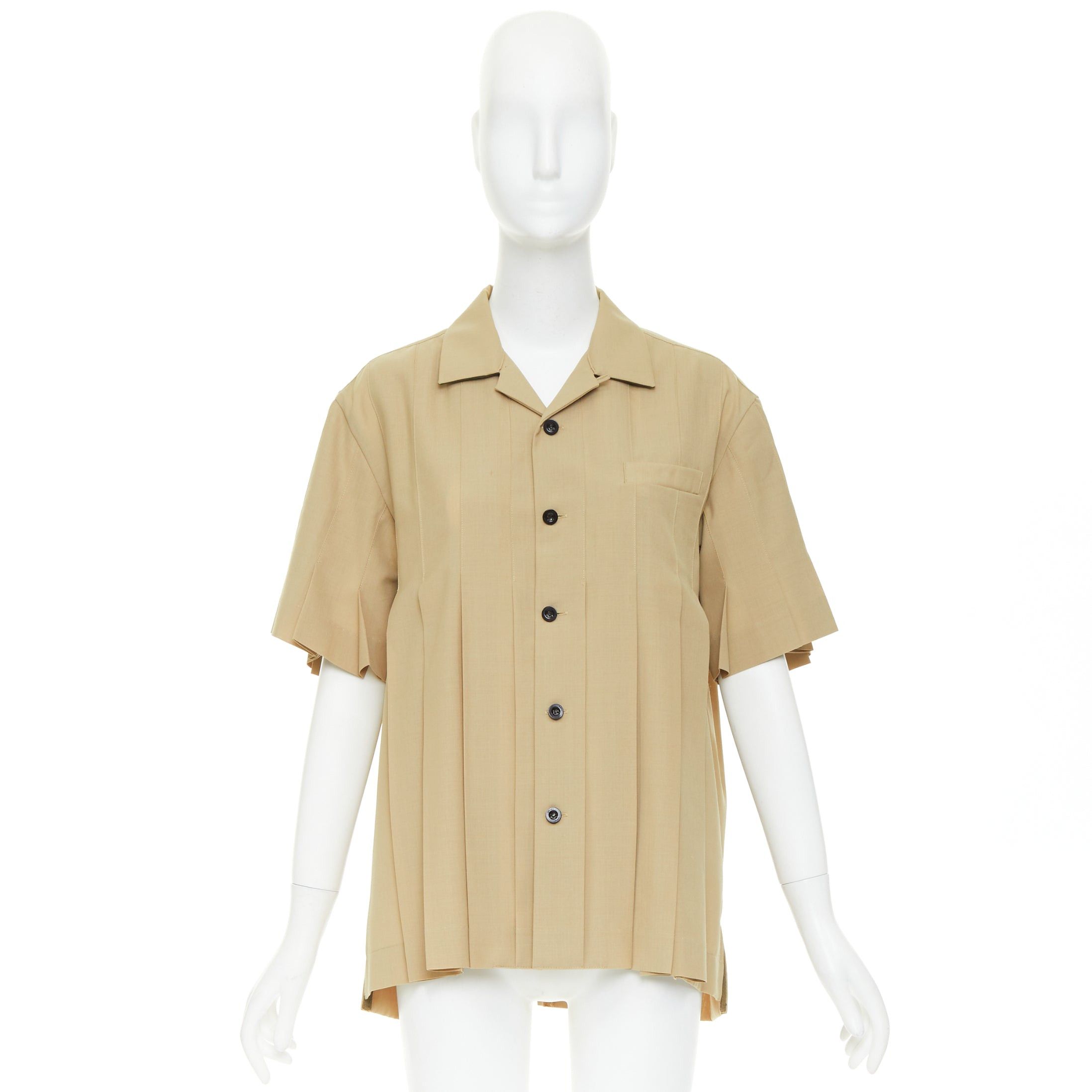 Sacai SACAI 2023 Runway khaki pleated pocketed short sleeve suiting boxy shirt JP1 S Size S / US 4 / IT 40 - 9 Thumbnail